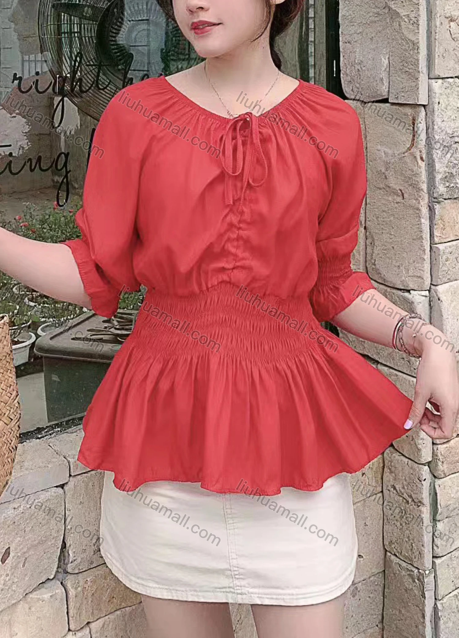 Wholesale Women's Casual Round Neck Top Shirred Tie Front Half Sleeve Plain Blouse - Liuhuamall