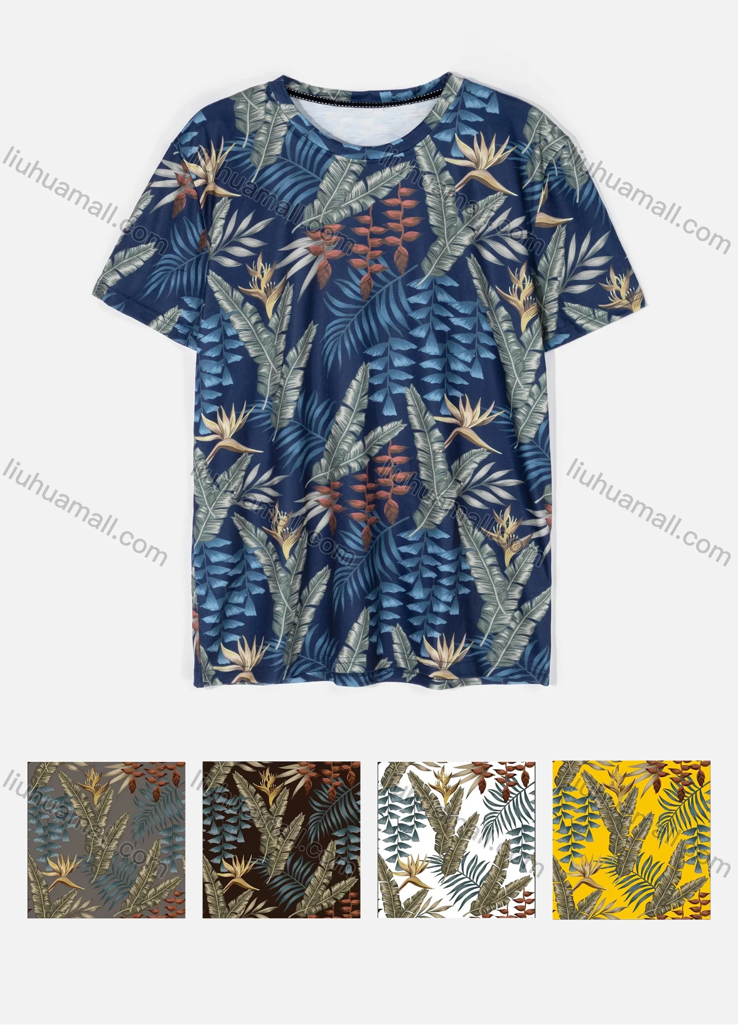 Wholesale Men's Casual Crew Neck Short Sleeve Vacation Tropical Plant Print T-shirts 08# - Liuhuamall