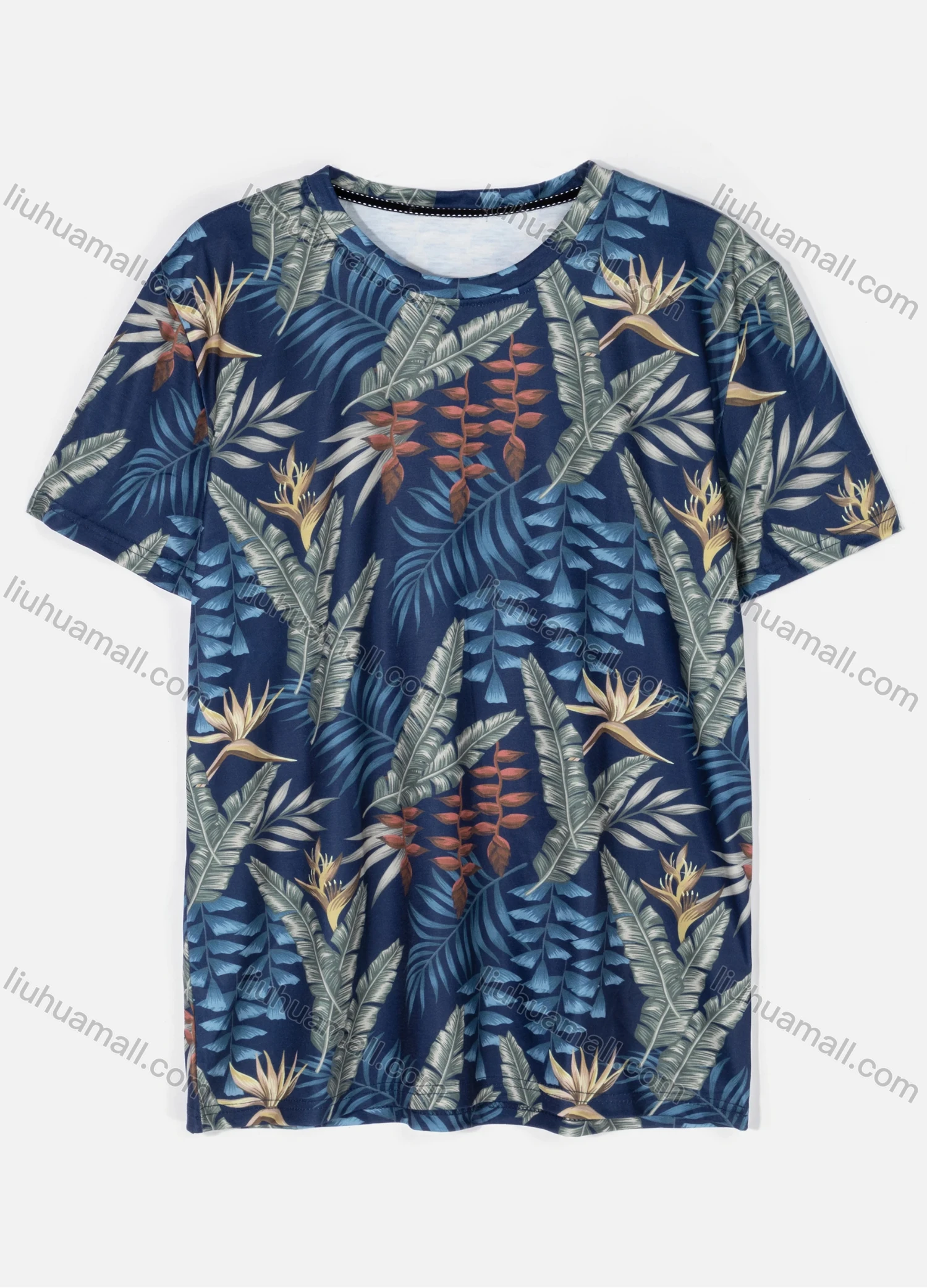 Wholesale Men's Casual Crew Neck Short Sleeve Vacation Tropical Plant Print T-shirts 08# - Liuhuamall