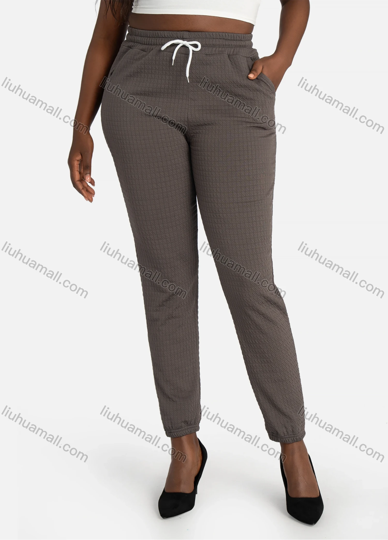 Wholesale Women's Casual Slim Fit Jacquard Plain Drawstring Pockets High Waist Pants - Liuhuamall