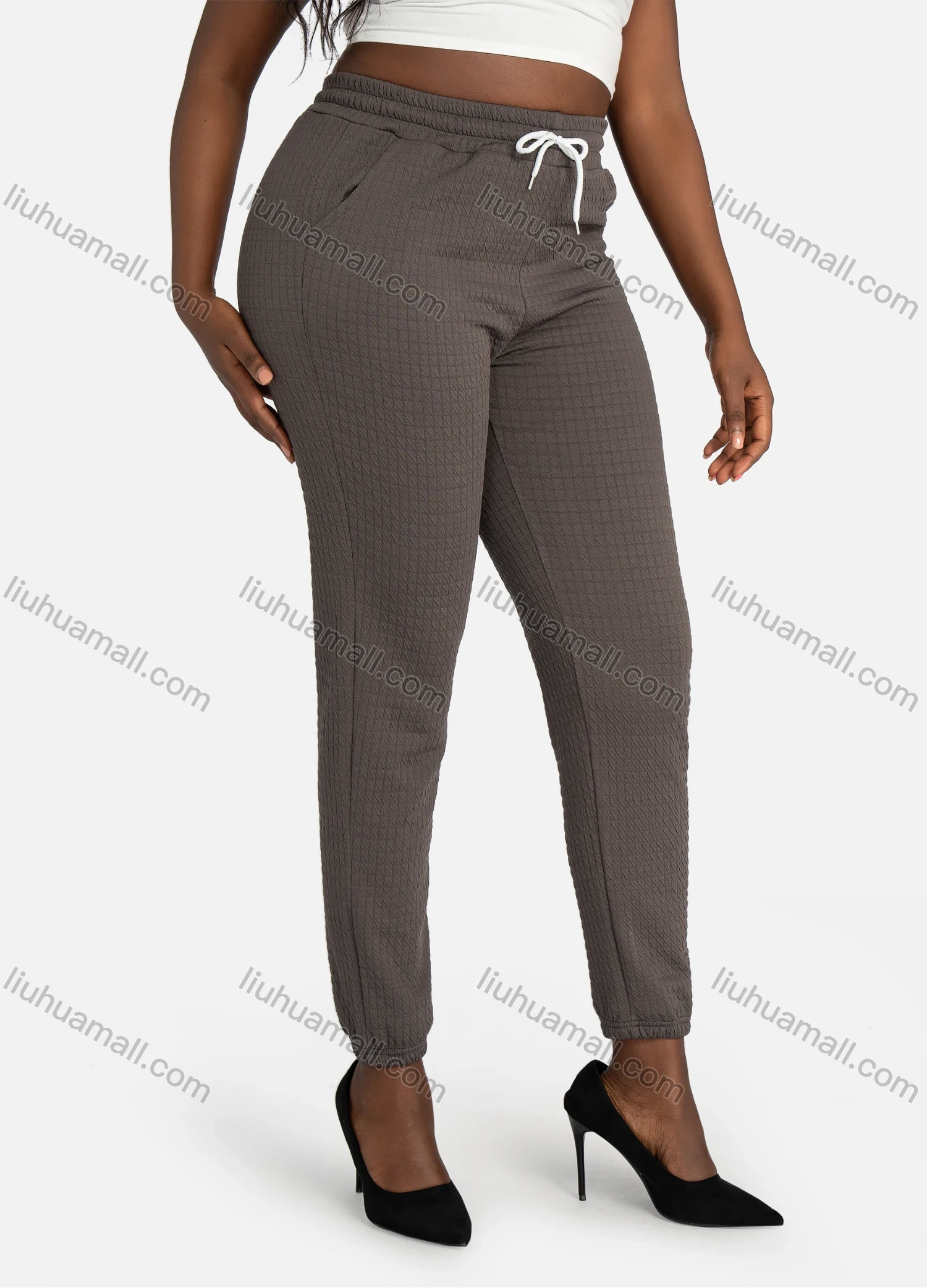 Wholesale Women's Casual Slim Fit Jacquard Plain Drawstring Pockets High Waist Pants - Liuhuamall