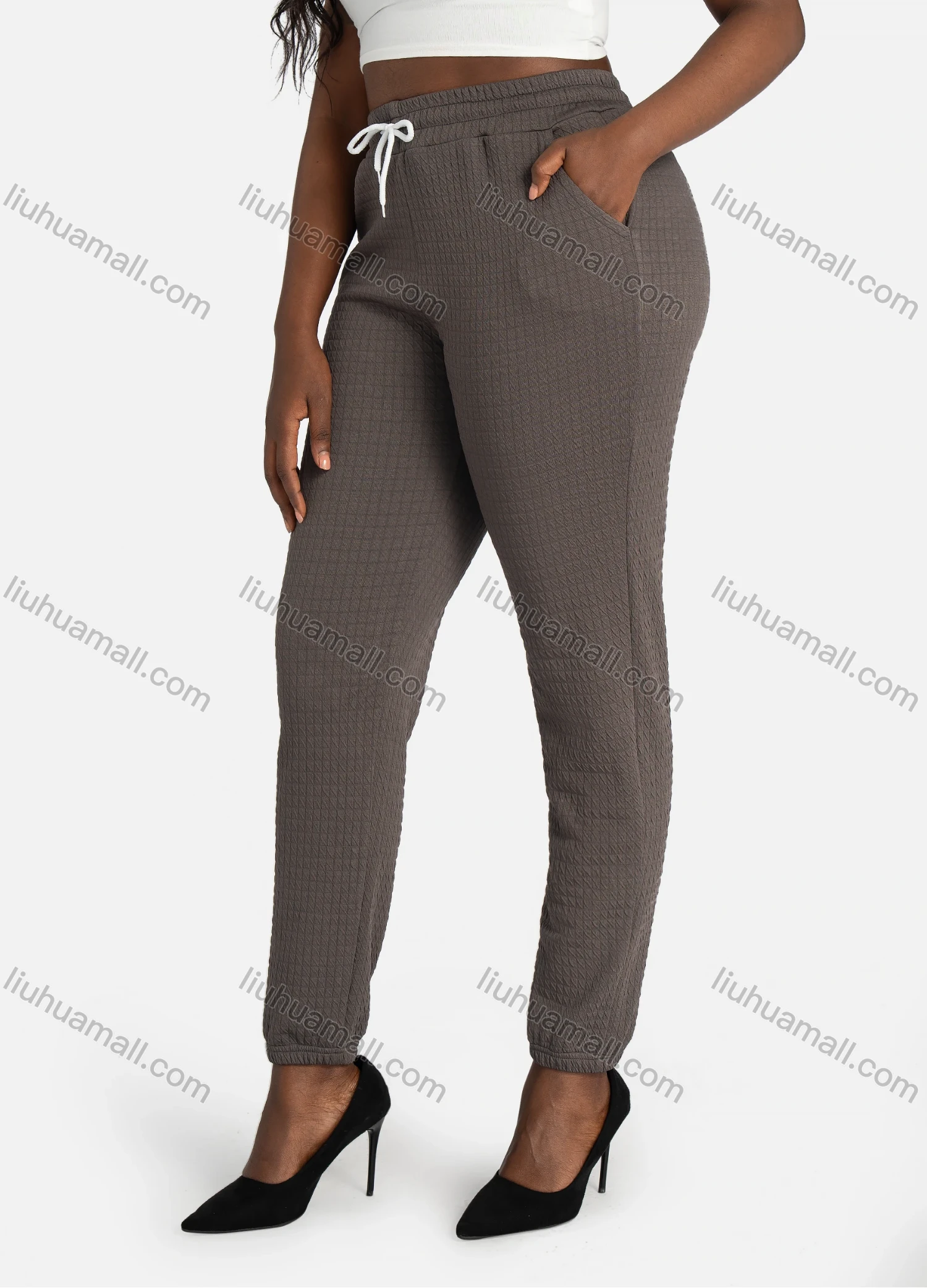 Wholesale Women's Casual Slim Fit Jacquard Plain Drawstring Pockets High Waist Pants - Liuhuamall