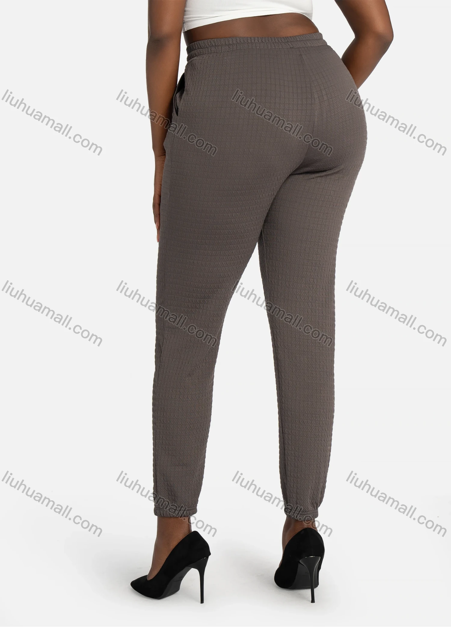 Wholesale Women's Casual Slim Fit Jacquard Plain Drawstring Pockets High Waist Pants - Liuhuamall