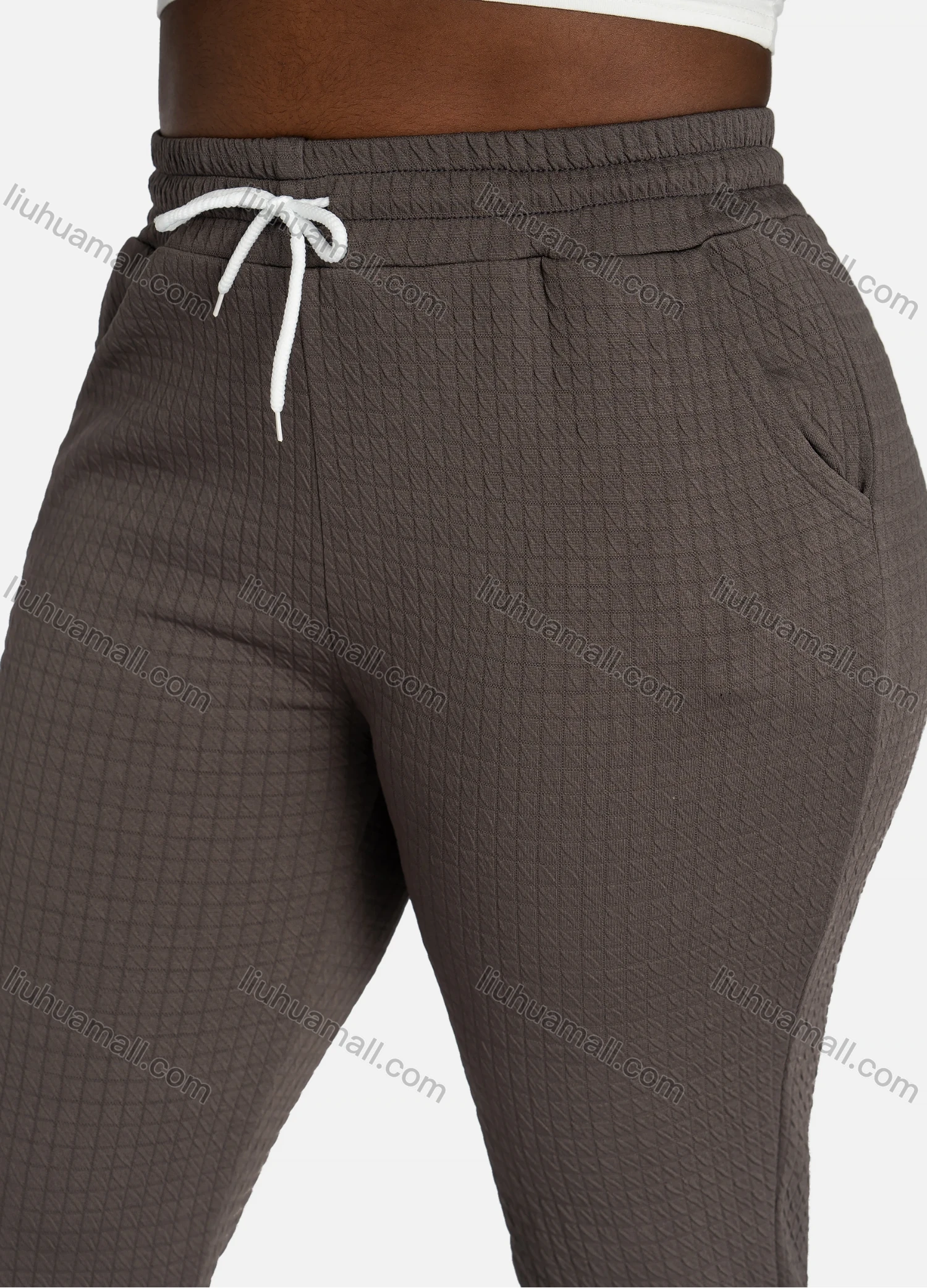 Wholesale Women's Casual Slim Fit Jacquard Plain Drawstring Pockets High Waist Pants - Liuhuamall