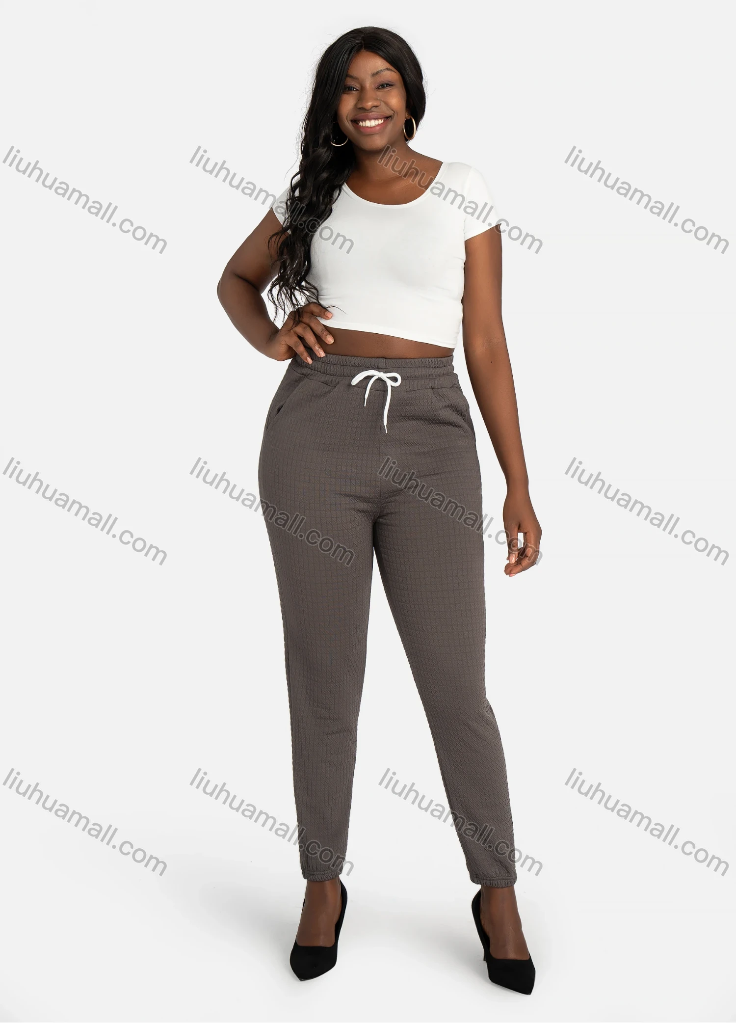 Wholesale Women's Casual Slim Fit Jacquard Plain Drawstring Pockets High Waist Pants - Liuhuamall