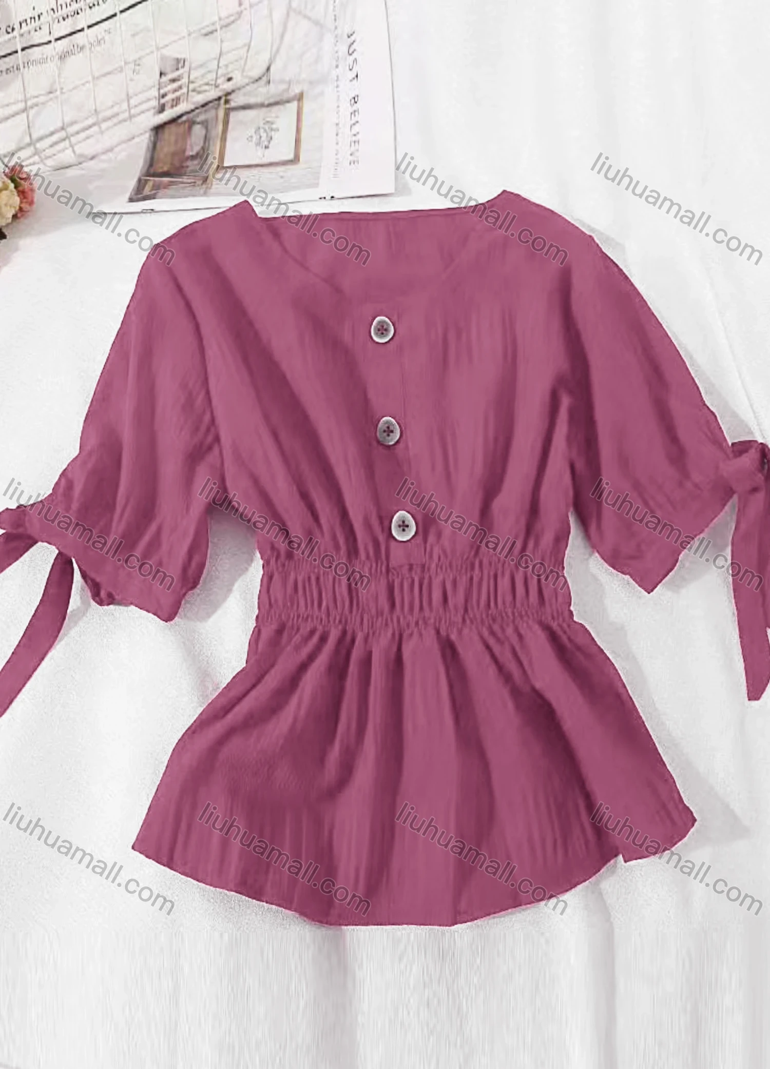 Wholesale Women's Casual V Neck Button Decor Shirred Plain Blouse - Liuhuamall