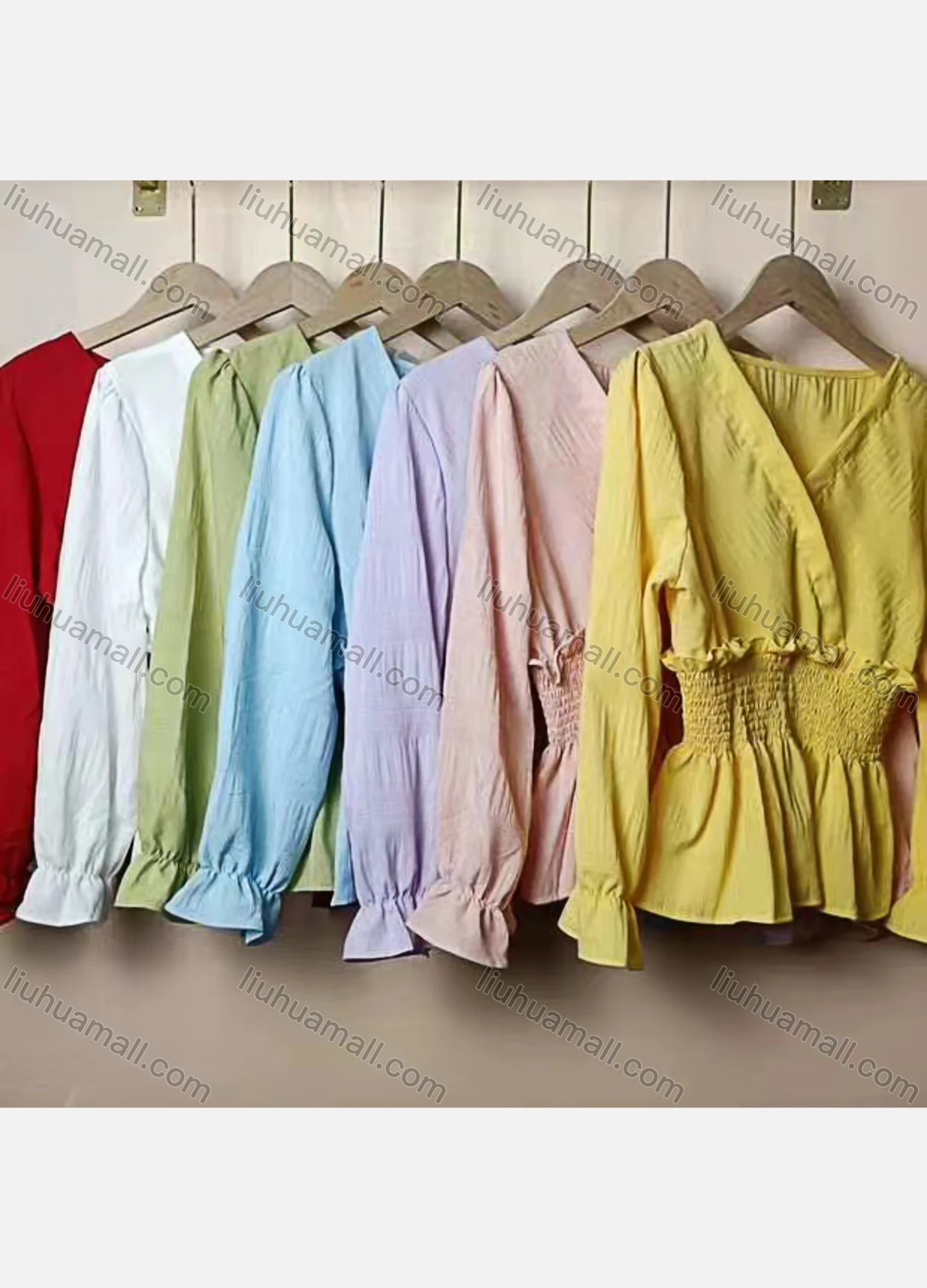Wholesale Women's Casual V Neck Ruffle Hem Plain Shirred Wrap Blouse - Liuhuamall