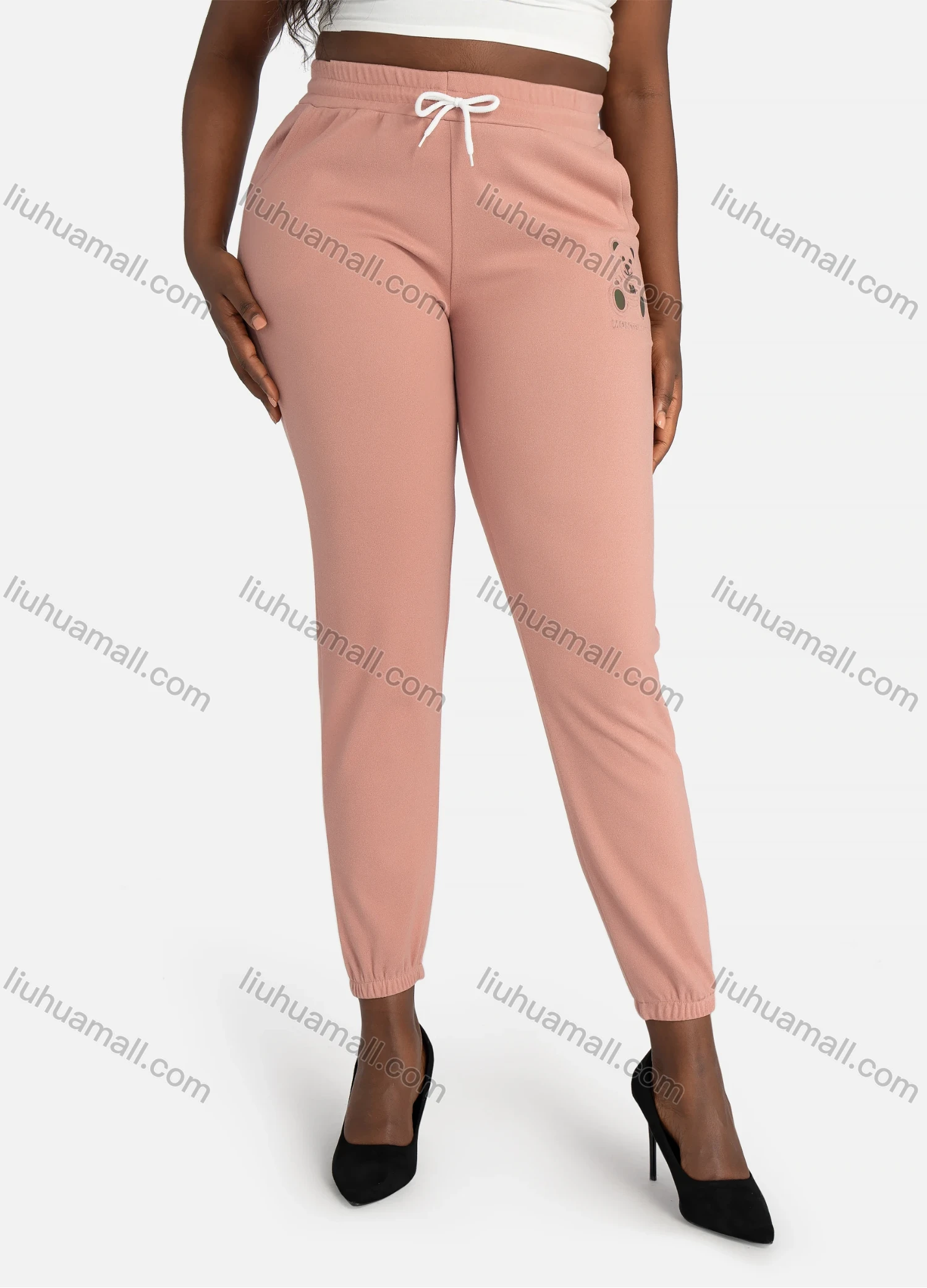 Wholesale Women's Casual Plain Slim Fit Bear High Waist Leg Pants WIth Drawstring - Liuhuamall