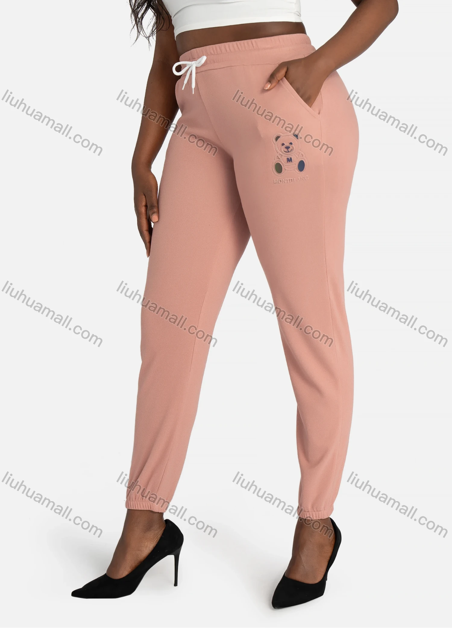 Wholesale Women's Casual Plain Slim Fit Bear High Waist Leg Pants WIth Drawstring - Liuhuamall