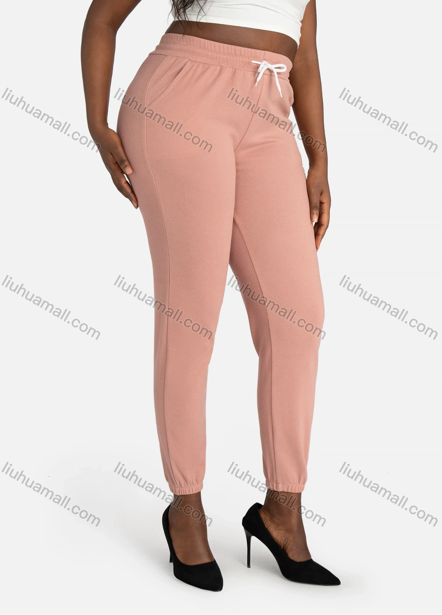 Wholesale Women's Casual Plain Slim Fit Bear High Waist Leg Pants WIth Drawstring - Liuhuamall