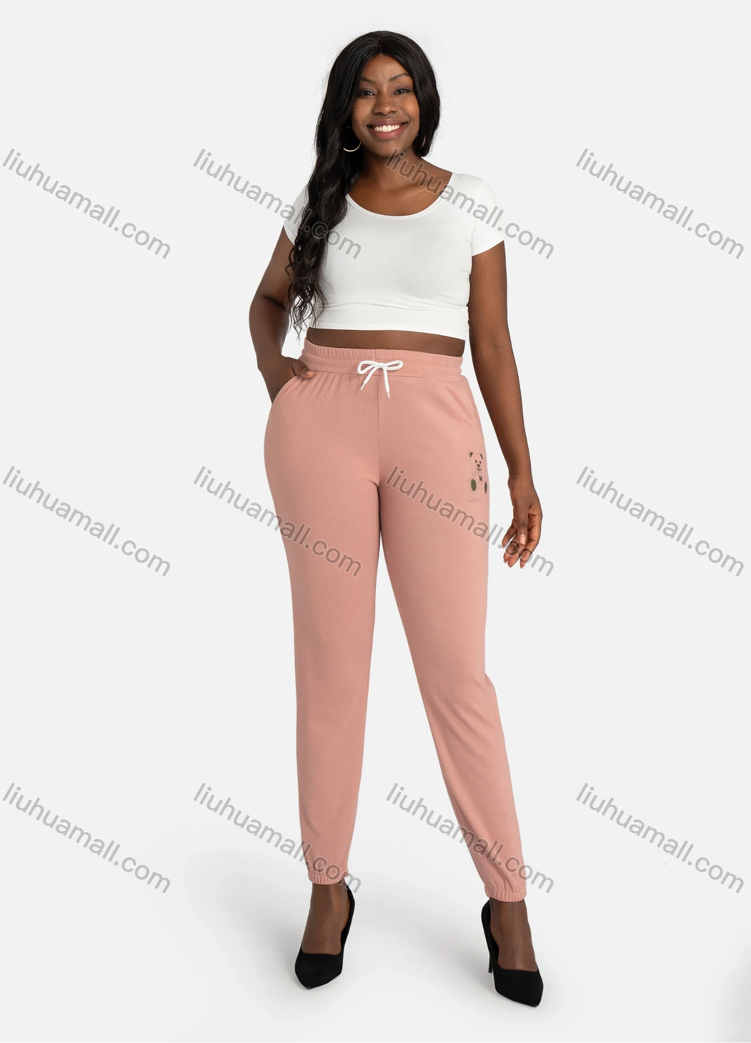 Wholesale Women's Casual Plain Slim Fit Bear High Waist Leg Pants WIth Drawstring - Liuhuamall