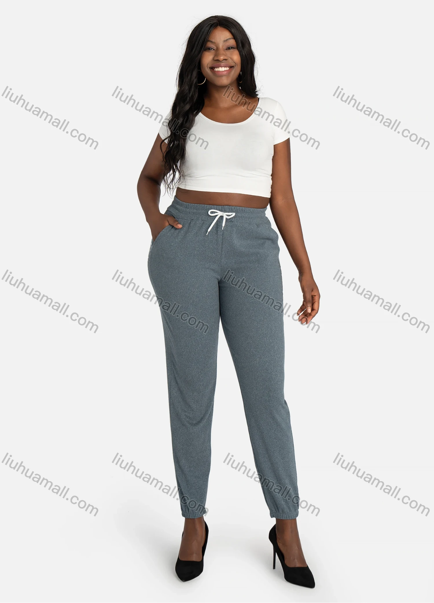 Wholesale Women's Casual Space Dye High Waist Narrow Leg Pants With Drawstring - Liuhuamall