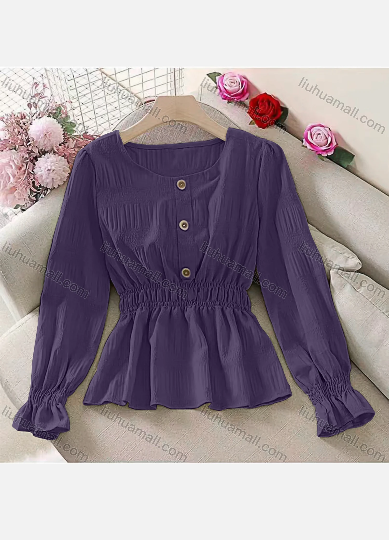 Wholesale Women's Casual V Neck Long Sleeve Ruffle Hem Shirred Plain Blouse - Liuhuamall