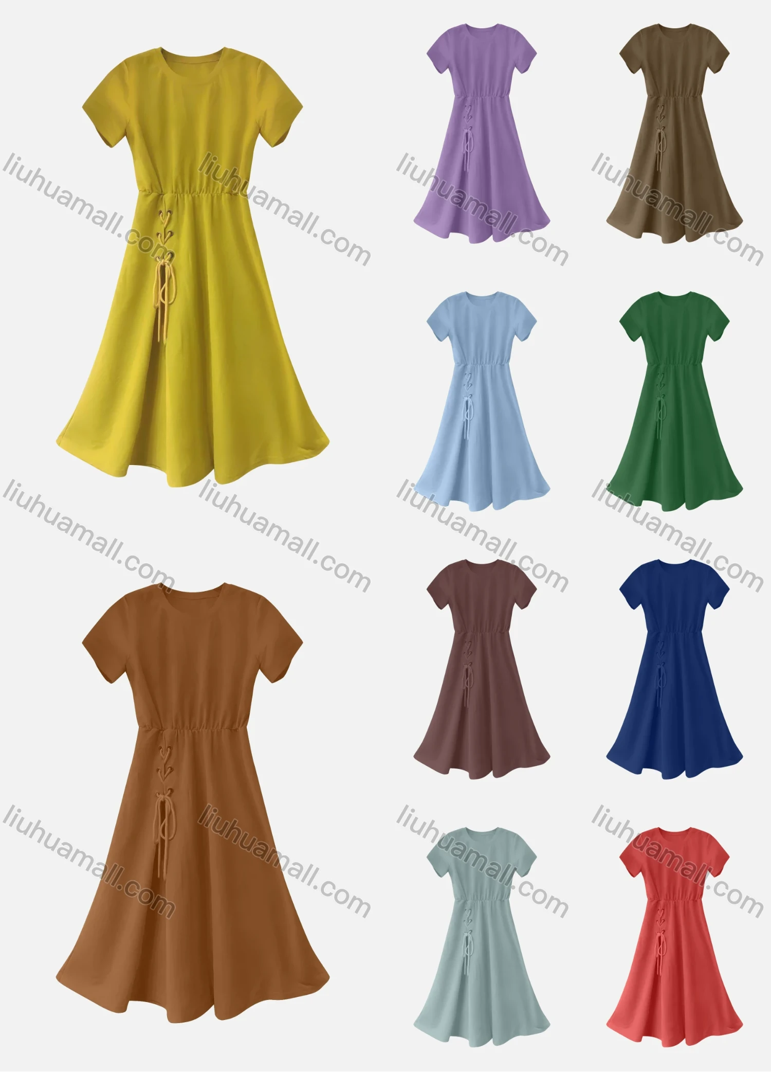 Wholesale Women's Casual Plain Round Neck Drawstring Short Sleeve Ruffle Hem Midi Dress - Liuhuamall