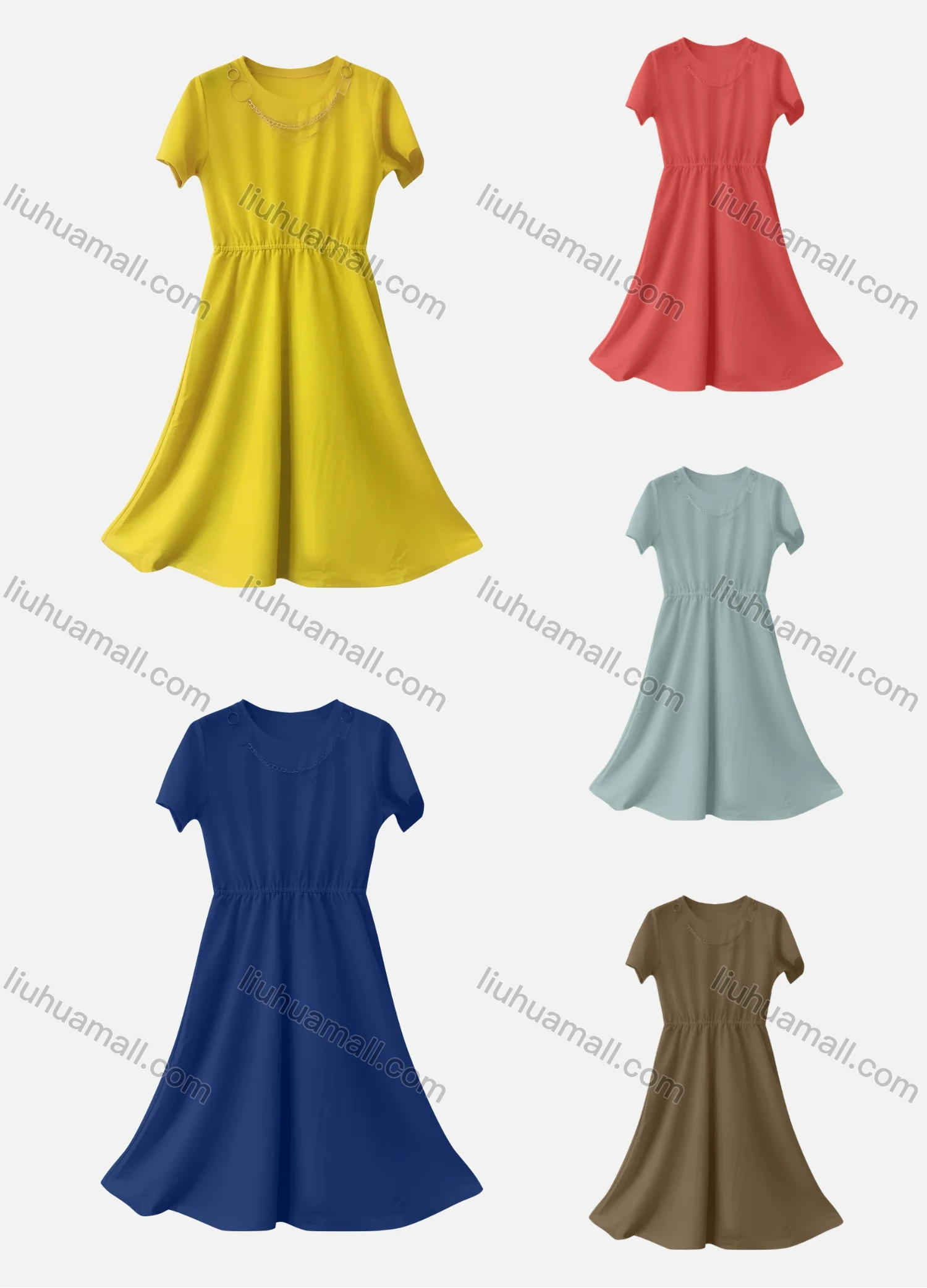 Wholesale Women's Casual Plain Round Neck Metal Decor Short Sleeve Ruffle Hem Midi Dress - Liuhuamall