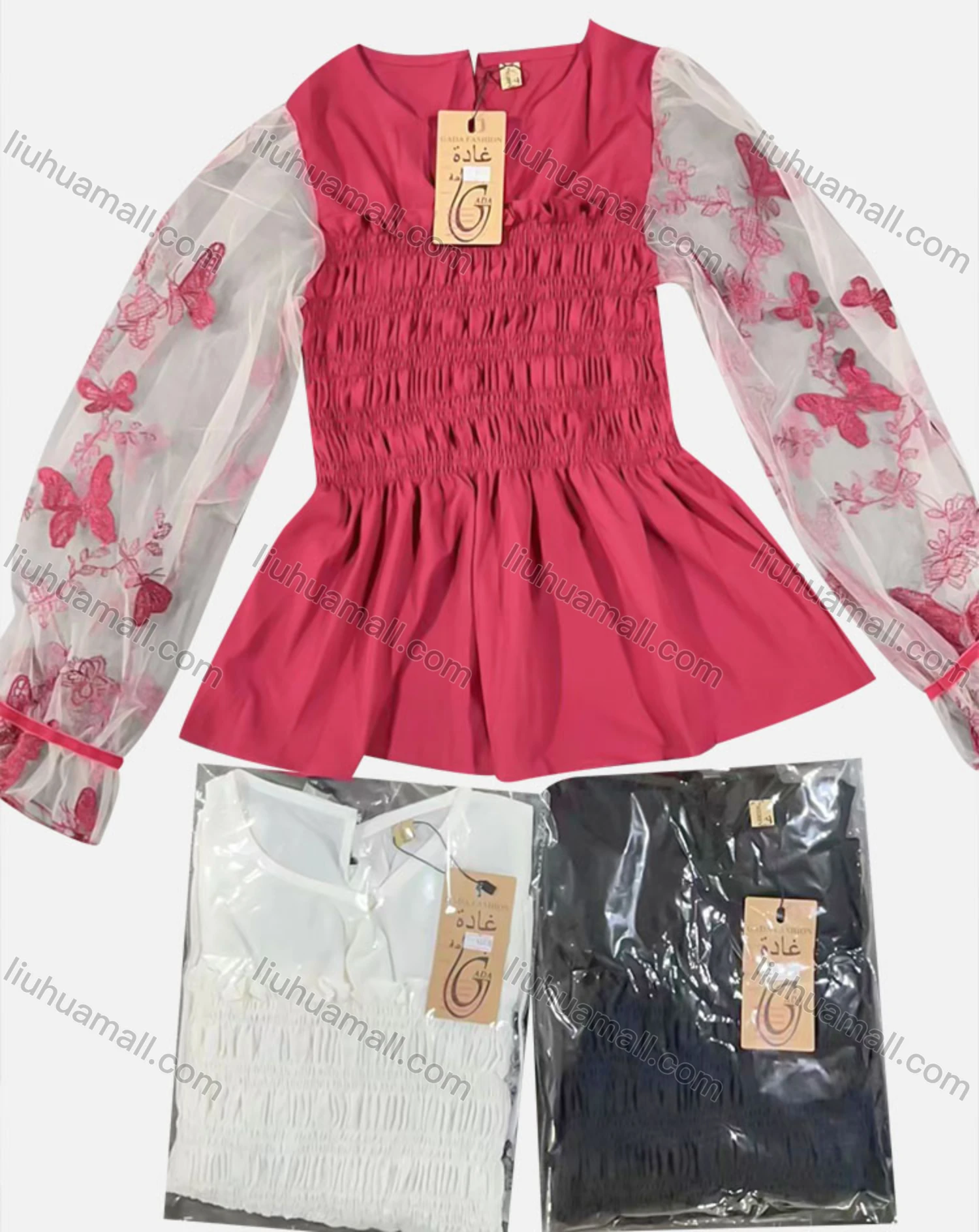 Wholesale Women's Casual Long Sleeve Embroidery Lace Ruched Top - Liuhuamall