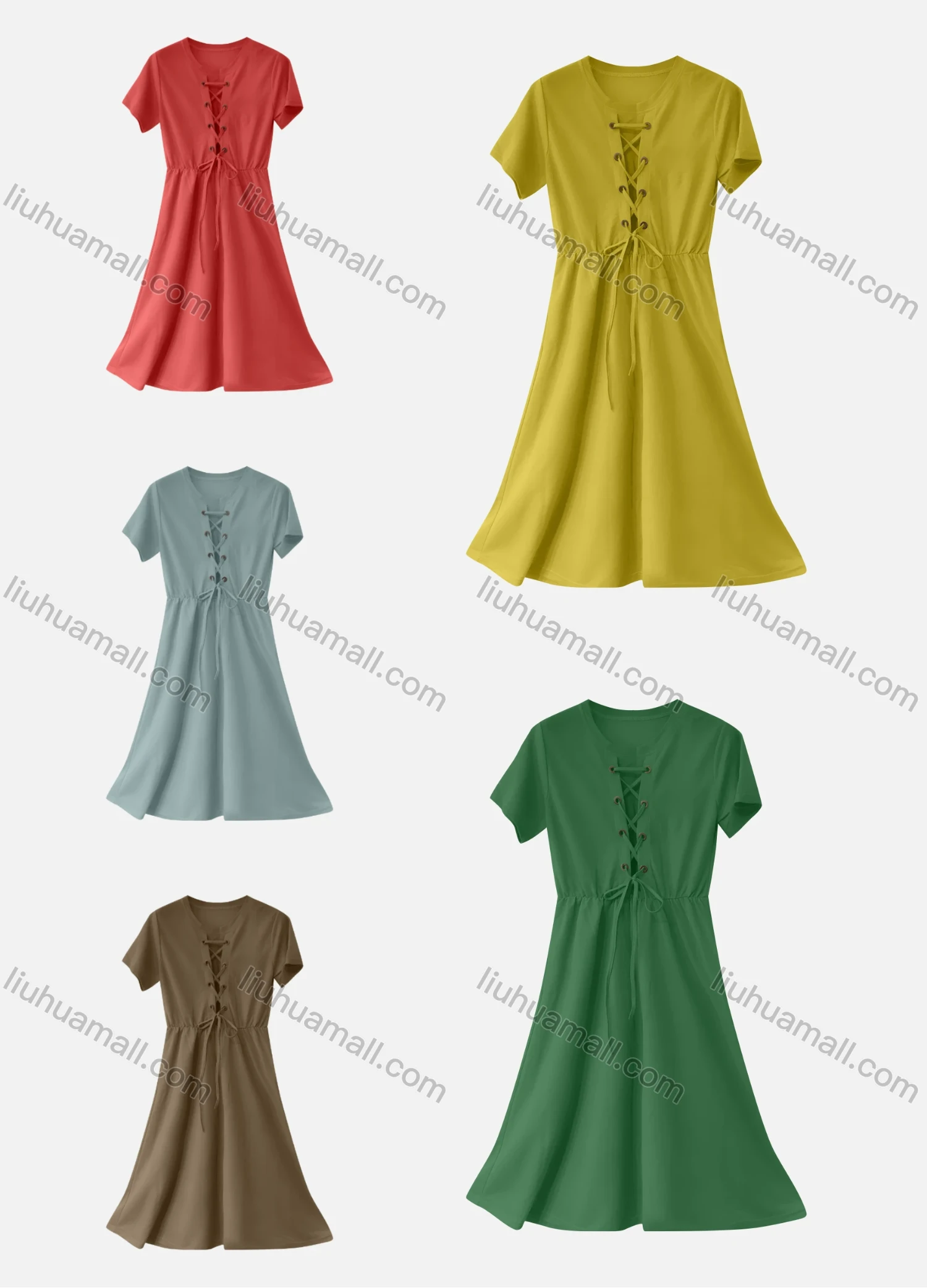 Wholesale Women's Casual Plain Eyelet Drawstring Short Sleeve Ruffle Hem Midi Dress - Liuhuamall