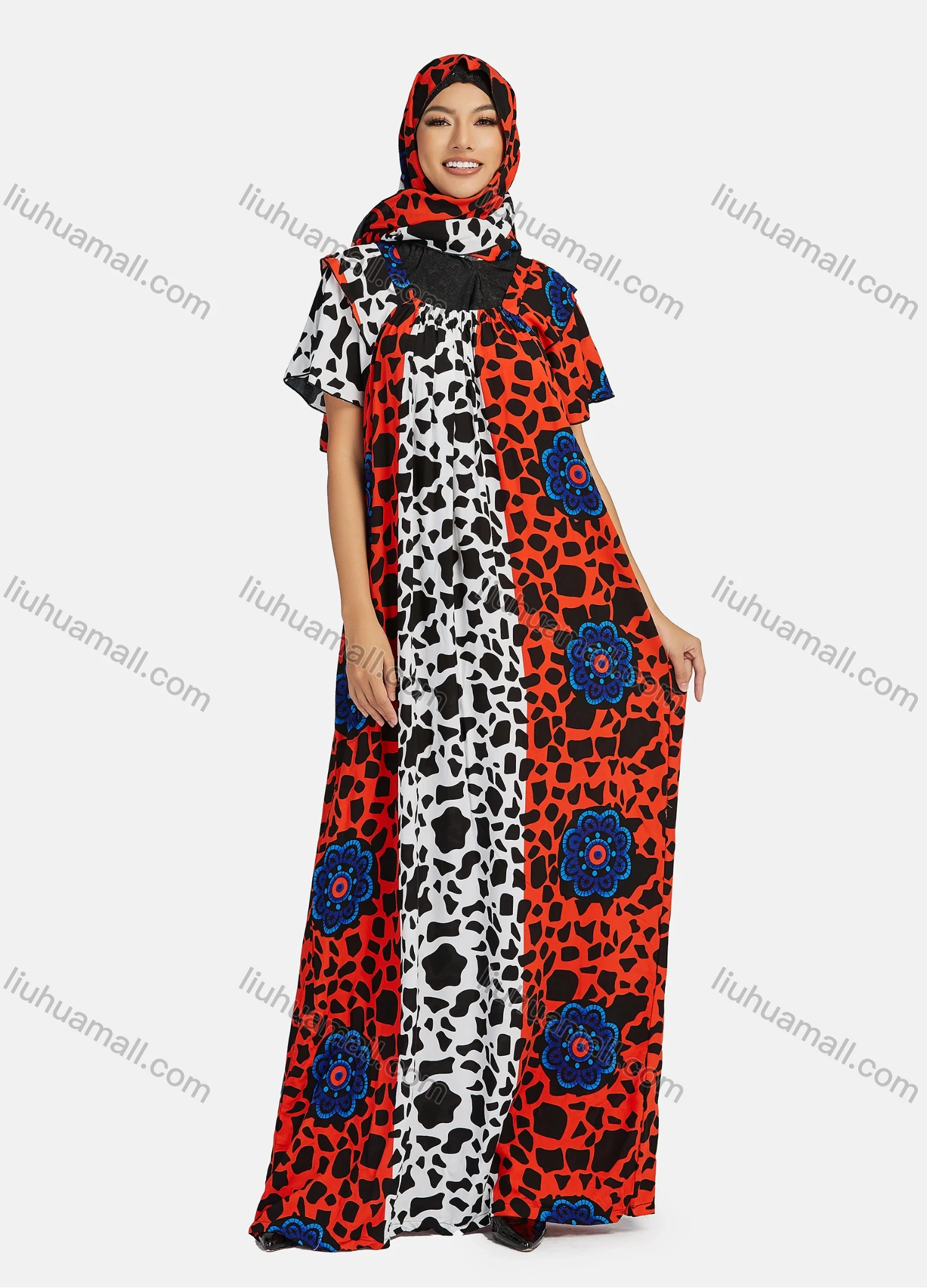 Wholesale Women's African Short Sleeve Ruched Splicing Floral Print Maxi Muslim Kaftan Dress With Hijab DZ-738# - Liuhuamall