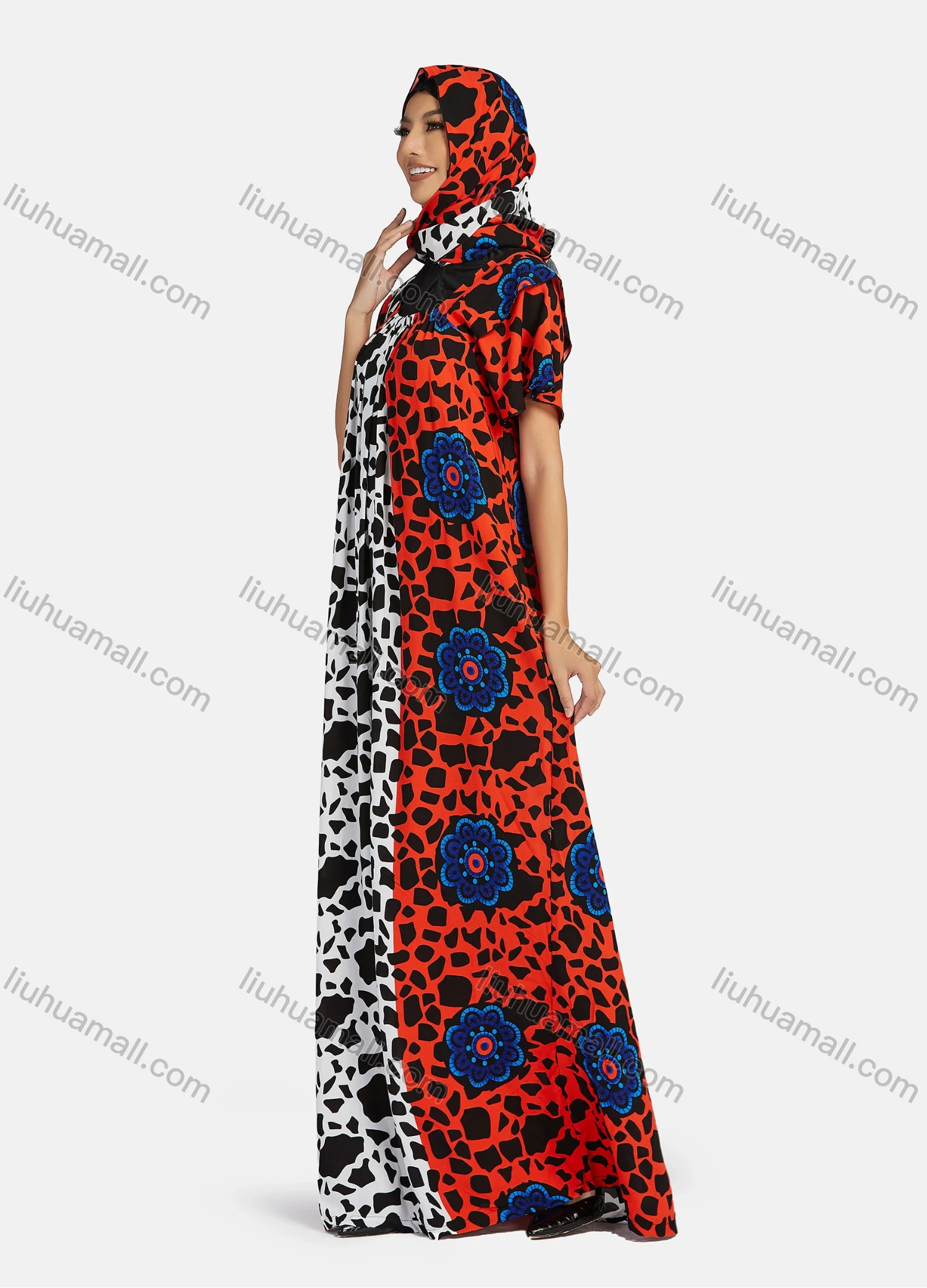 Wholesale Women's African Short Sleeve Ruched Splicing Floral Print Maxi Muslim Kaftan Dress With Hijab DZ-738# - Liuhuamall