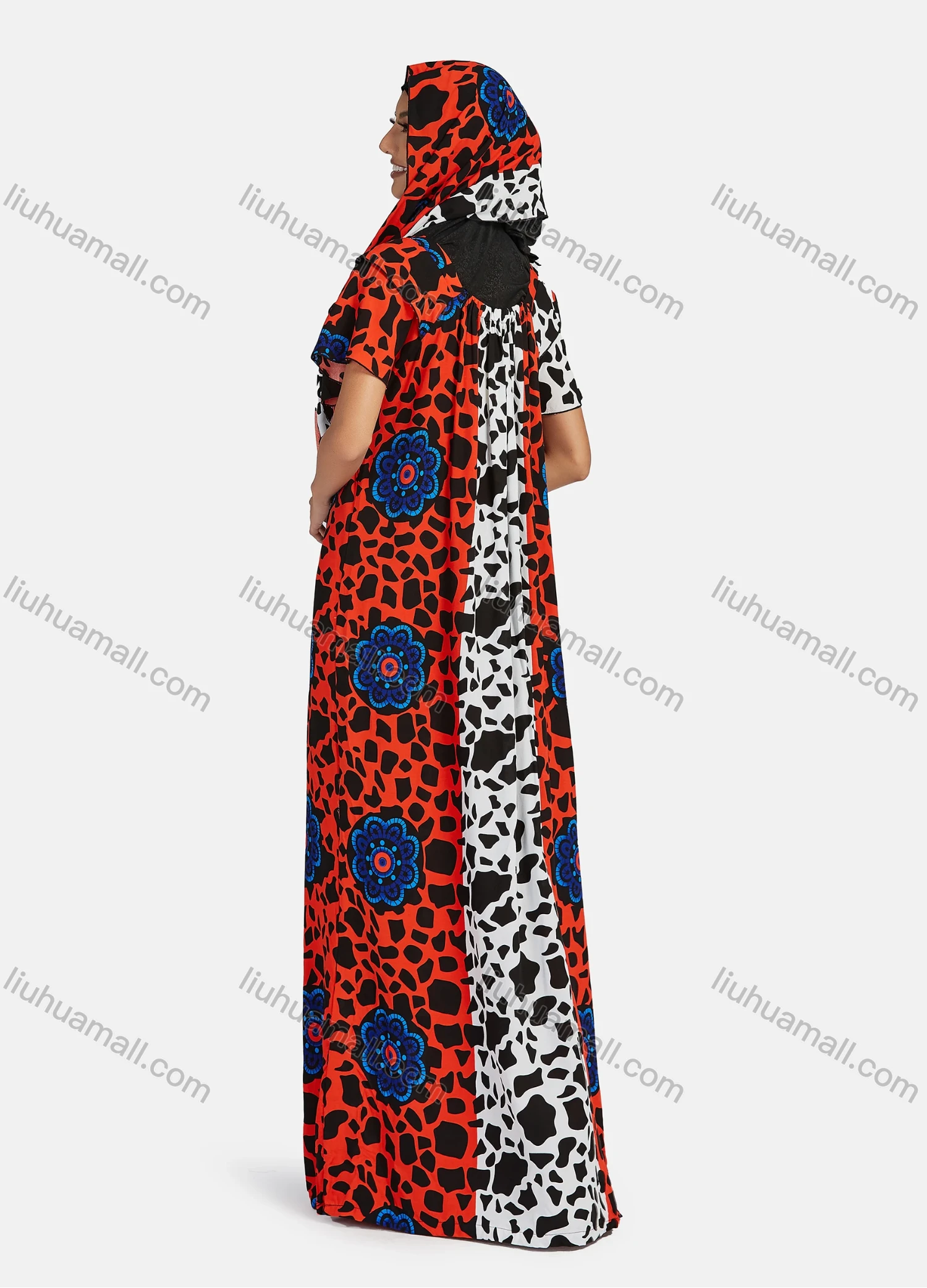Wholesale Women's African Short Sleeve Ruched Splicing Floral Print Maxi Muslim Kaftan Dress With Hijab DZ-738# - Liuhuamall