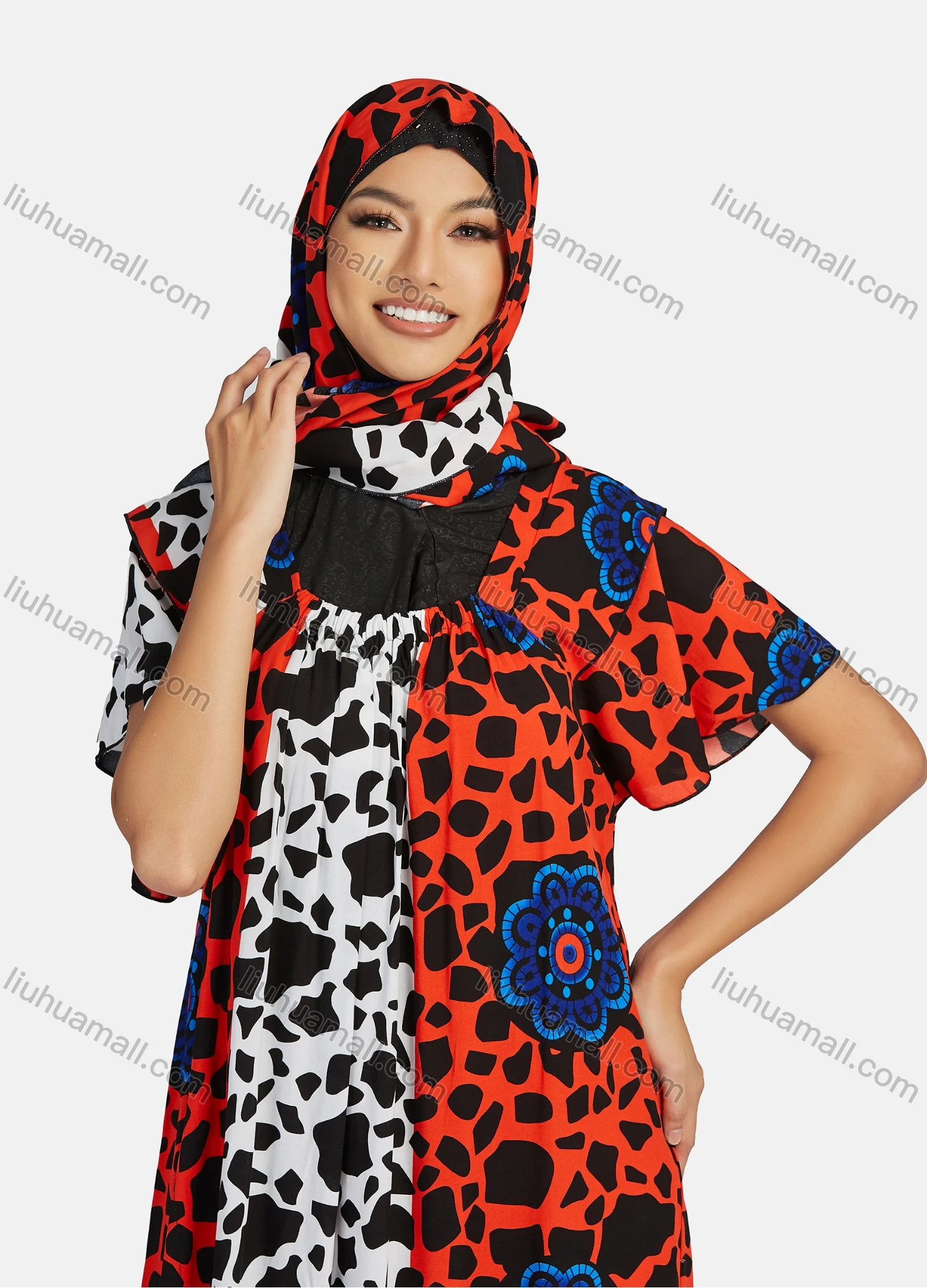 Wholesale Women's African Short Sleeve Ruched Splicing Floral Print Maxi Muslim Kaftan Dress With Hijab DZ-738# - Liuhuamall