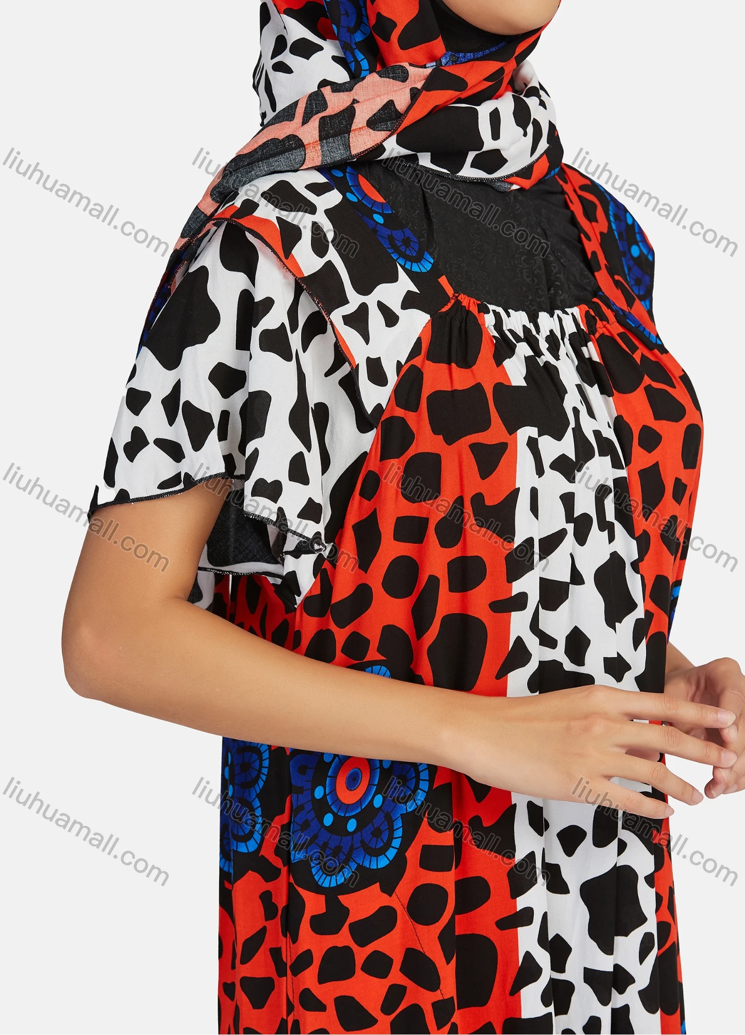 Wholesale Women's African Short Sleeve Ruched Splicing Floral Print Maxi Muslim Kaftan Dress With Hijab DZ-738# - Liuhuamall