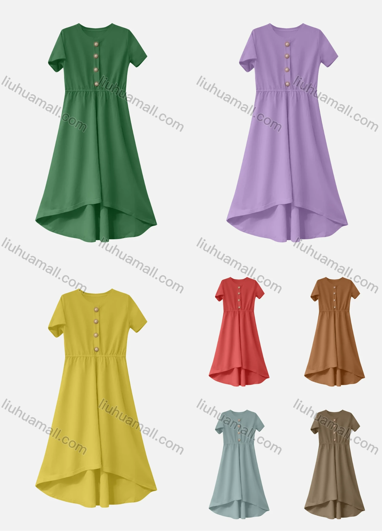 Wholesale Women's Casual Plain Round Neck Button Front Short Sleeve Ruffle Hem Midi Dress - Liuhuamall