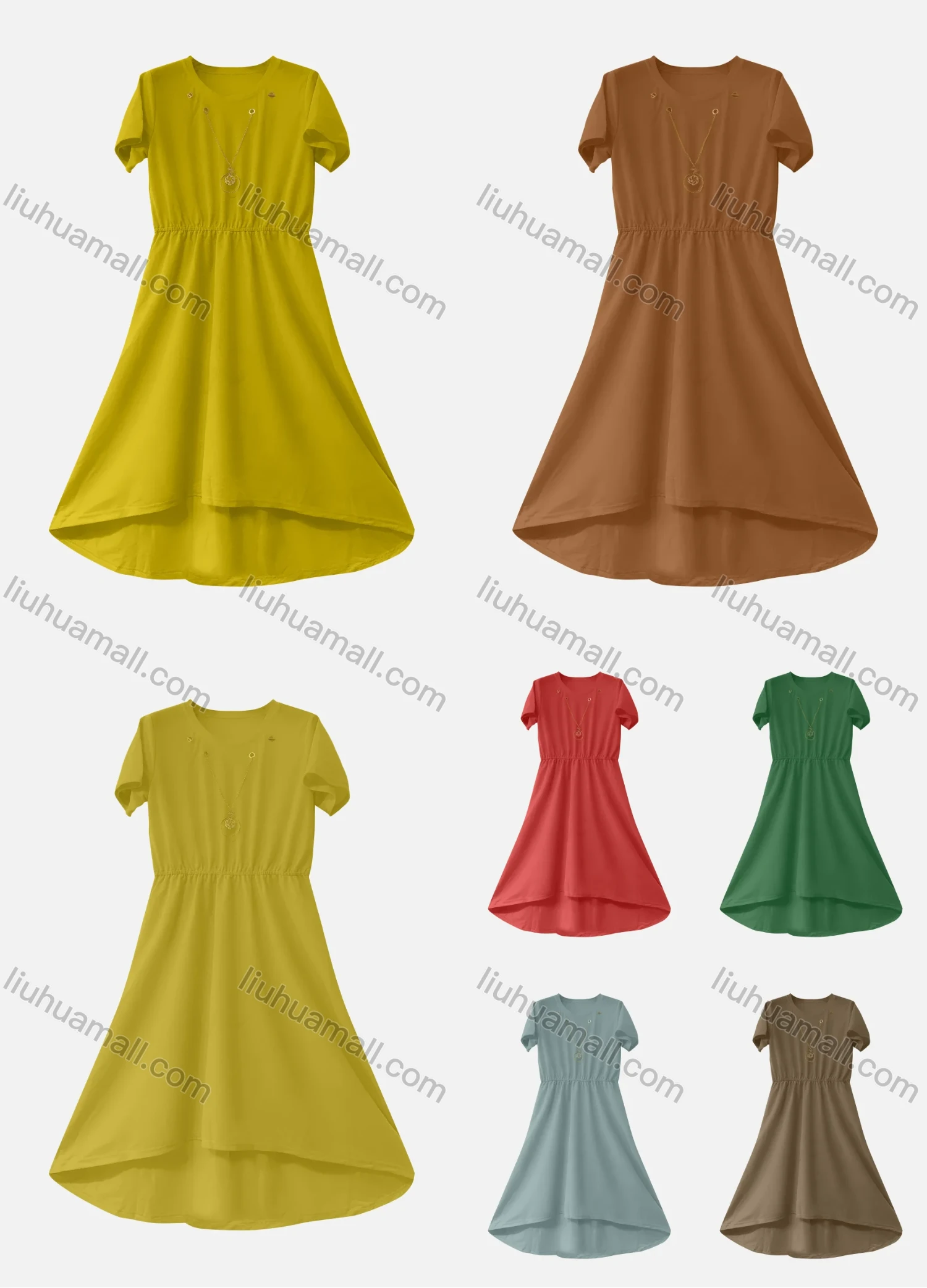 Wholesale Women's Casual Plain Round Neck Short Sleeve Ruffle Hem Midi Dress With Metal Necklace - Liuhuamall