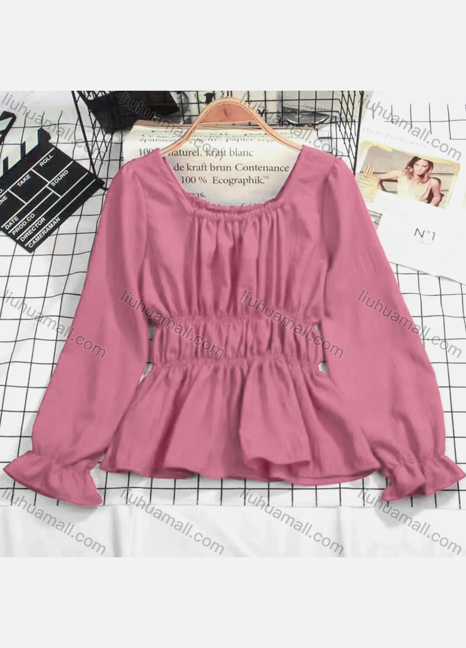 Wholesale Women's Casual Scoop Neck Poet Sleeve Plain Blouse - Liuhuamall
