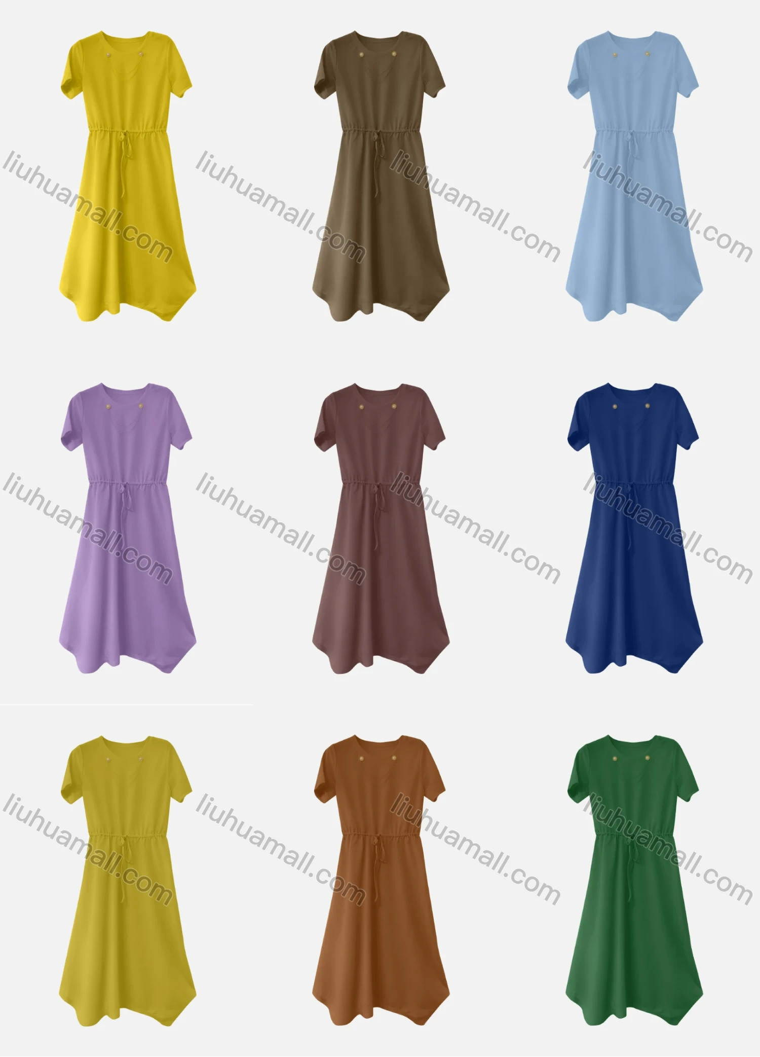 Wholesale Women's Casual Plain Round Neck Metal Chain Short Sleeve Tie Front Ruffle Hem Midi Dress - Liuhuamall