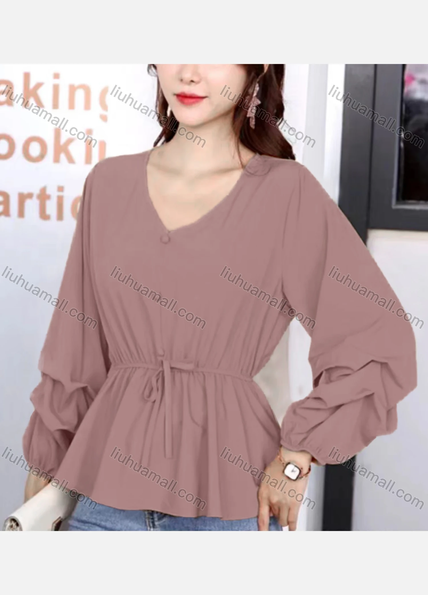 Wholesale Women's Casual V Neck Lantern Sleeve Button Decor Plain Blouse - Liuhuamall