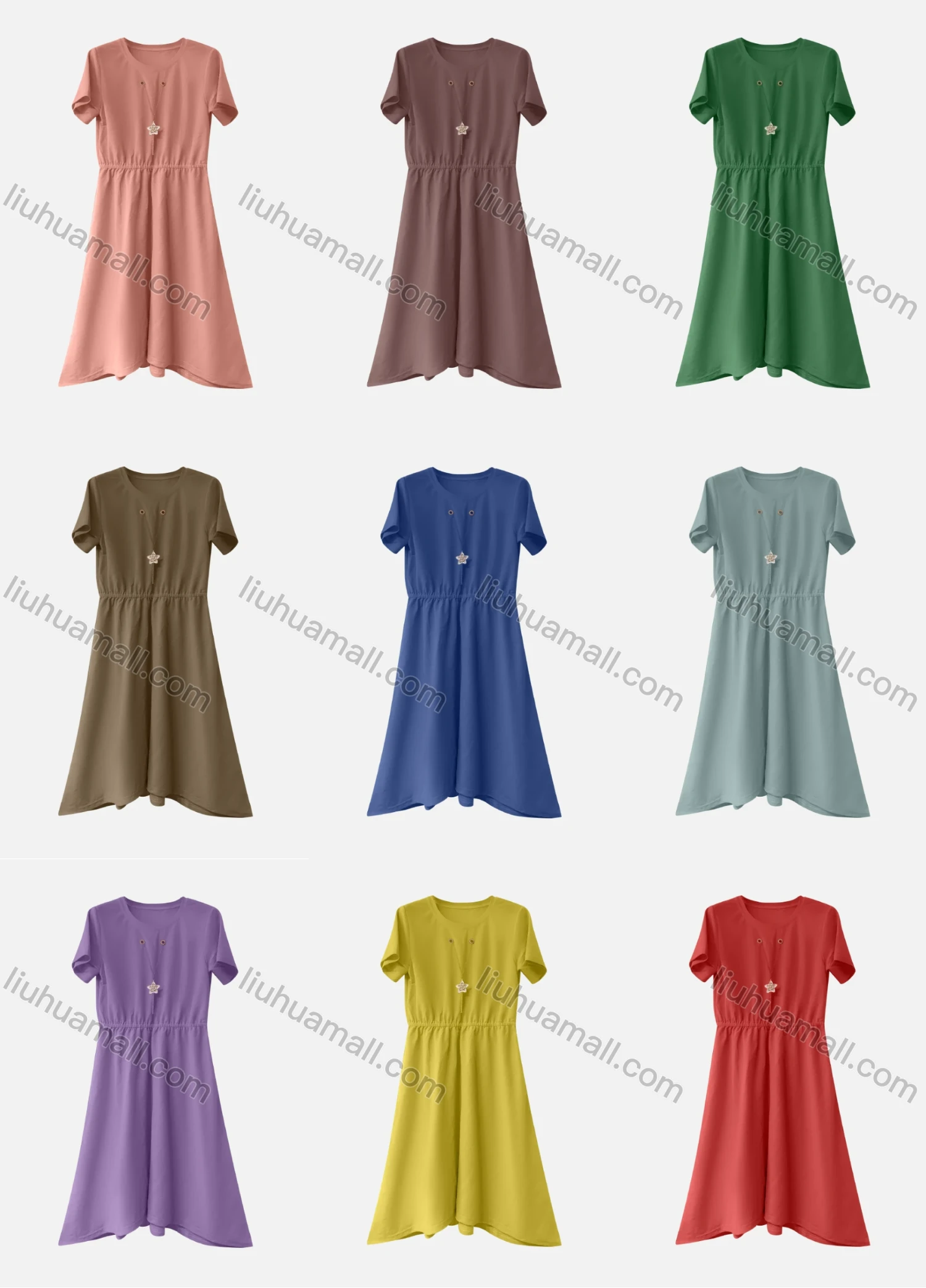 Wholesale Women's Casual Plain Round Neck Short Sleeve Ruffle Hem Midi Dress With Metal Necklace - Liuhuamall