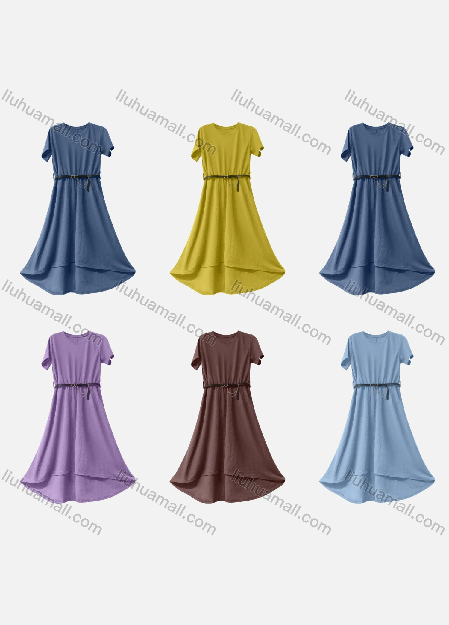 Wholesale Women's Casual Plain Round Neck Metal Chain Short Sleeve Ruffle Hem Midi Dress With Belt - Liuhuamall