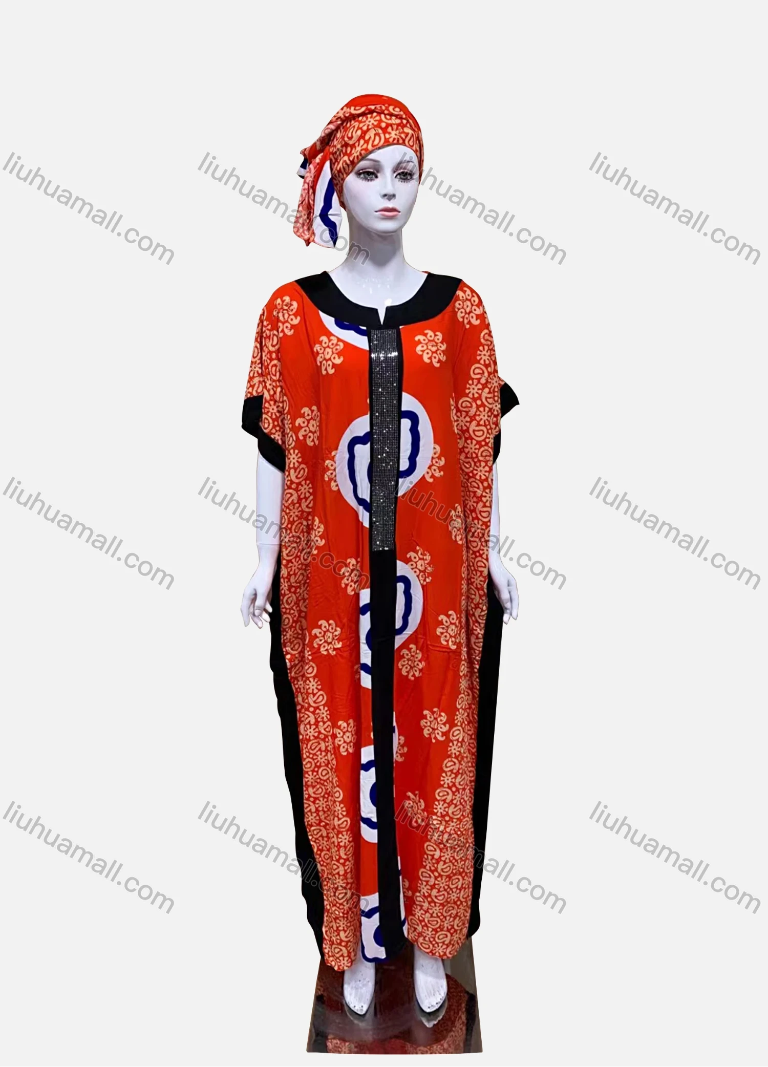 Wholesale Women's African Batwing Sleeve Rhinestone Paisley Graphic Muslim Kaftan Maxi Dress With Hijab SB-1-745# - Liuhuamall