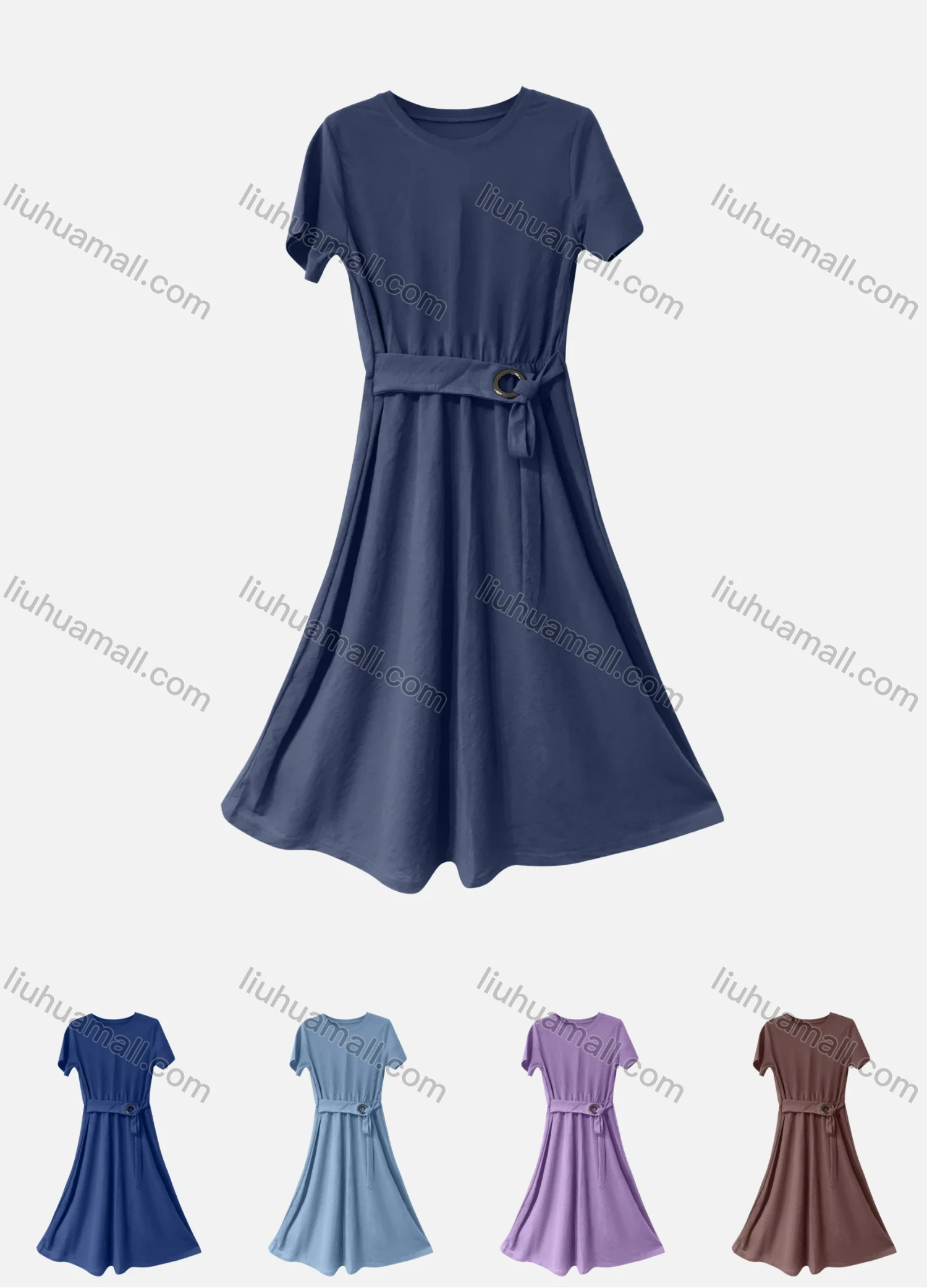 Wholesale Women's Casual Plain Round Neck Tie Front Short Sleeve Ruffle Hem Midi Dress With Belt - Liuhuamall