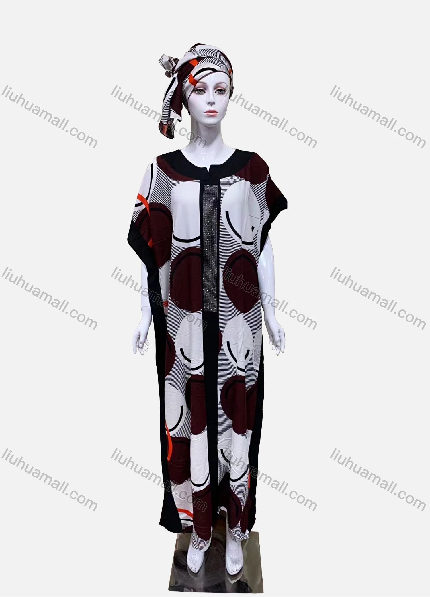 Wholesale Women's African Batwing Sleeve Polka Dot Splicing Print Rhinestone Maxi Kaftan Dress With Hijab SB-1-746# - Liuhuamall