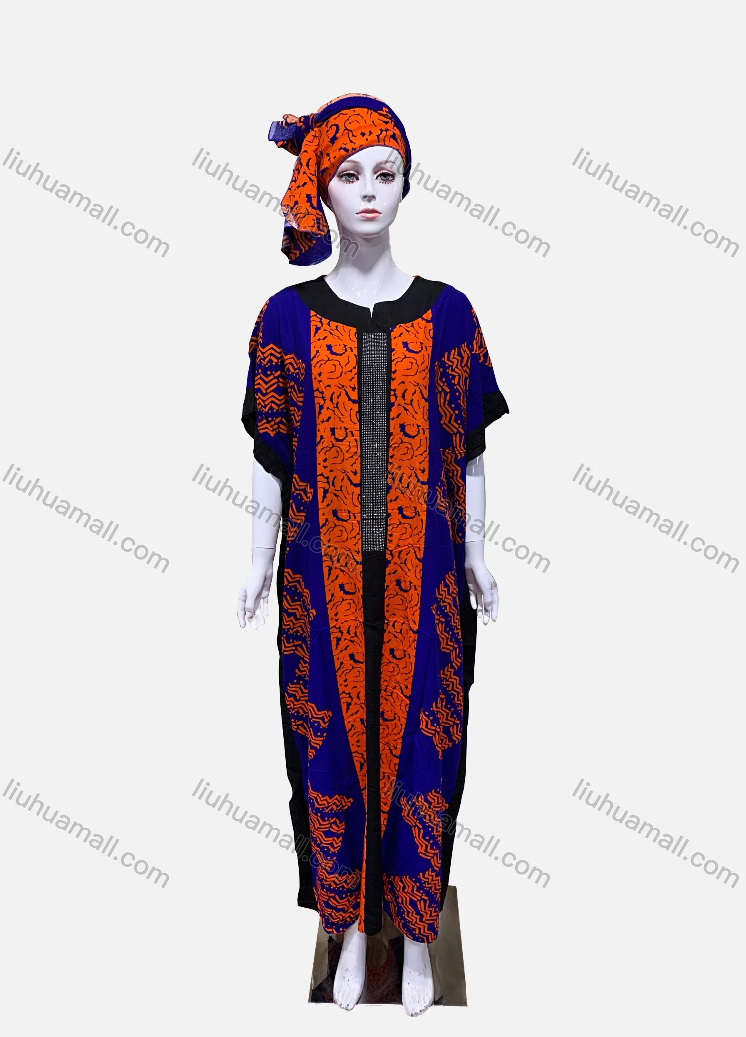 Wholesale Women's African Batwing Sleeve Rhinestone Colorblock Splicing Maxi Muslim Kaftan Dress With Hijab SB-1-MB001# - Liuhuamall