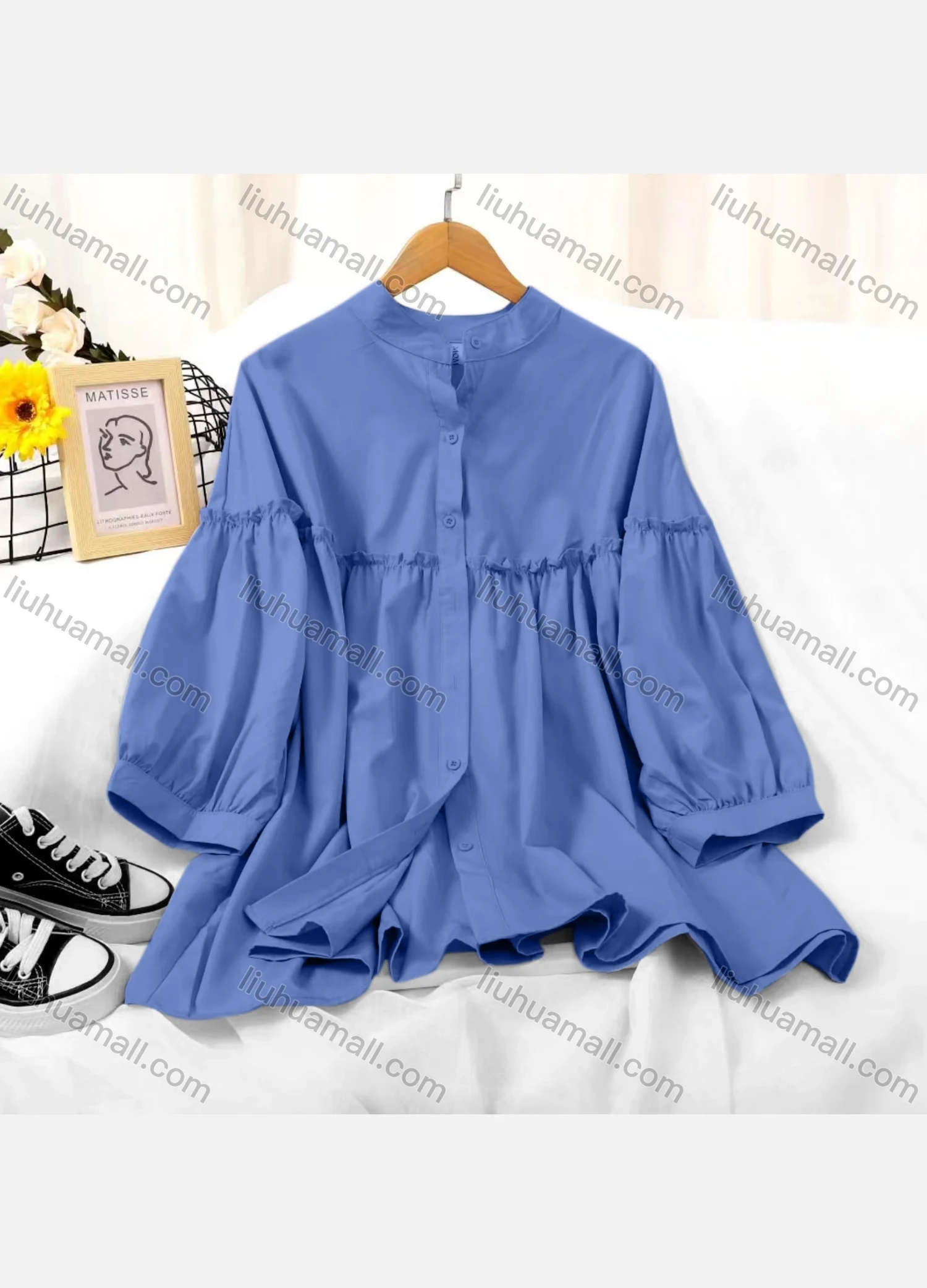 Wholesale Women's Casual Long Sleeve Button Down Ruffle Trim Plain Tunic - Liuhuamall