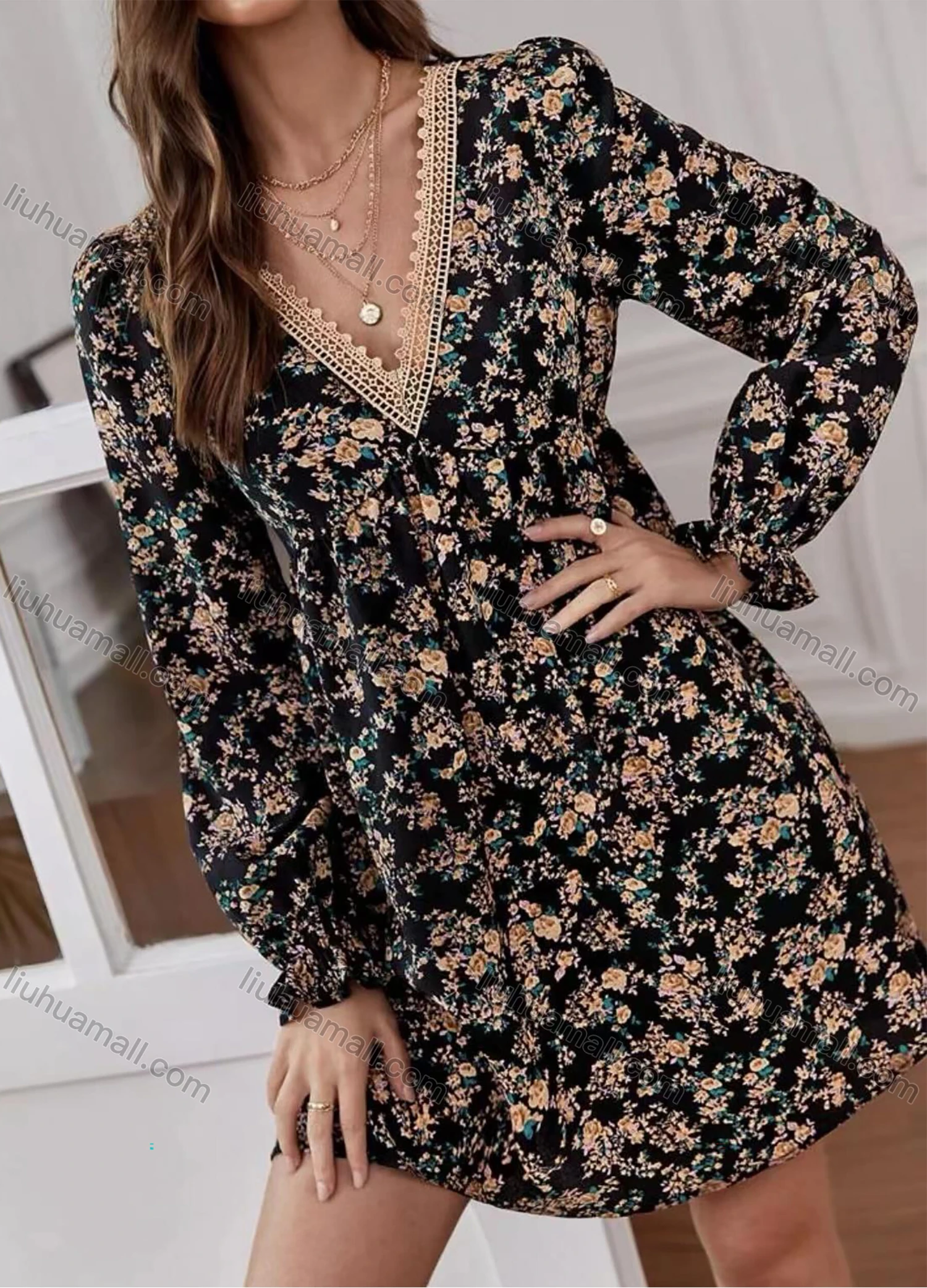 Wholesale Women's Casual Floral Print V Neck Lace Trim Poet Sleeve Short Dress - Liuhuamall