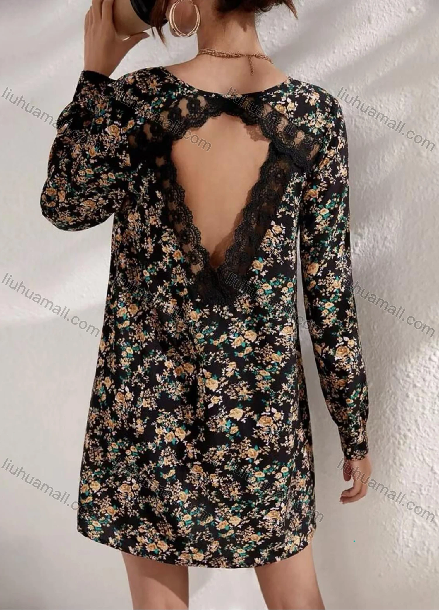 Wholesale Women's Casual Floral Print V Neck Lace Trim Cut Out Long Sleeve Short Dress - Liuhuamall