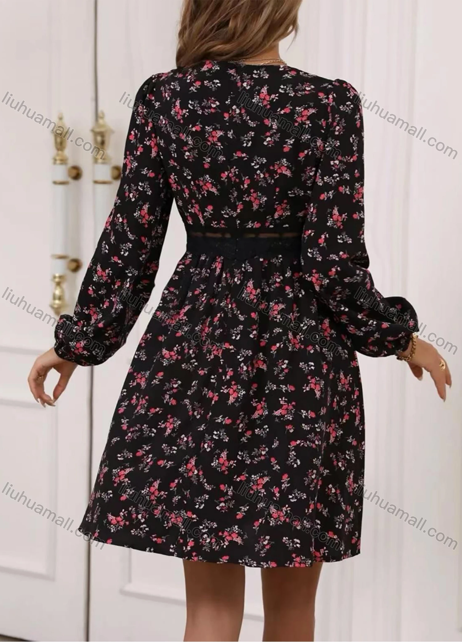 Wholesale Women's Casual Floral Print V Neck Lace Trim Long Sleeve Short Dress - Liuhuamall