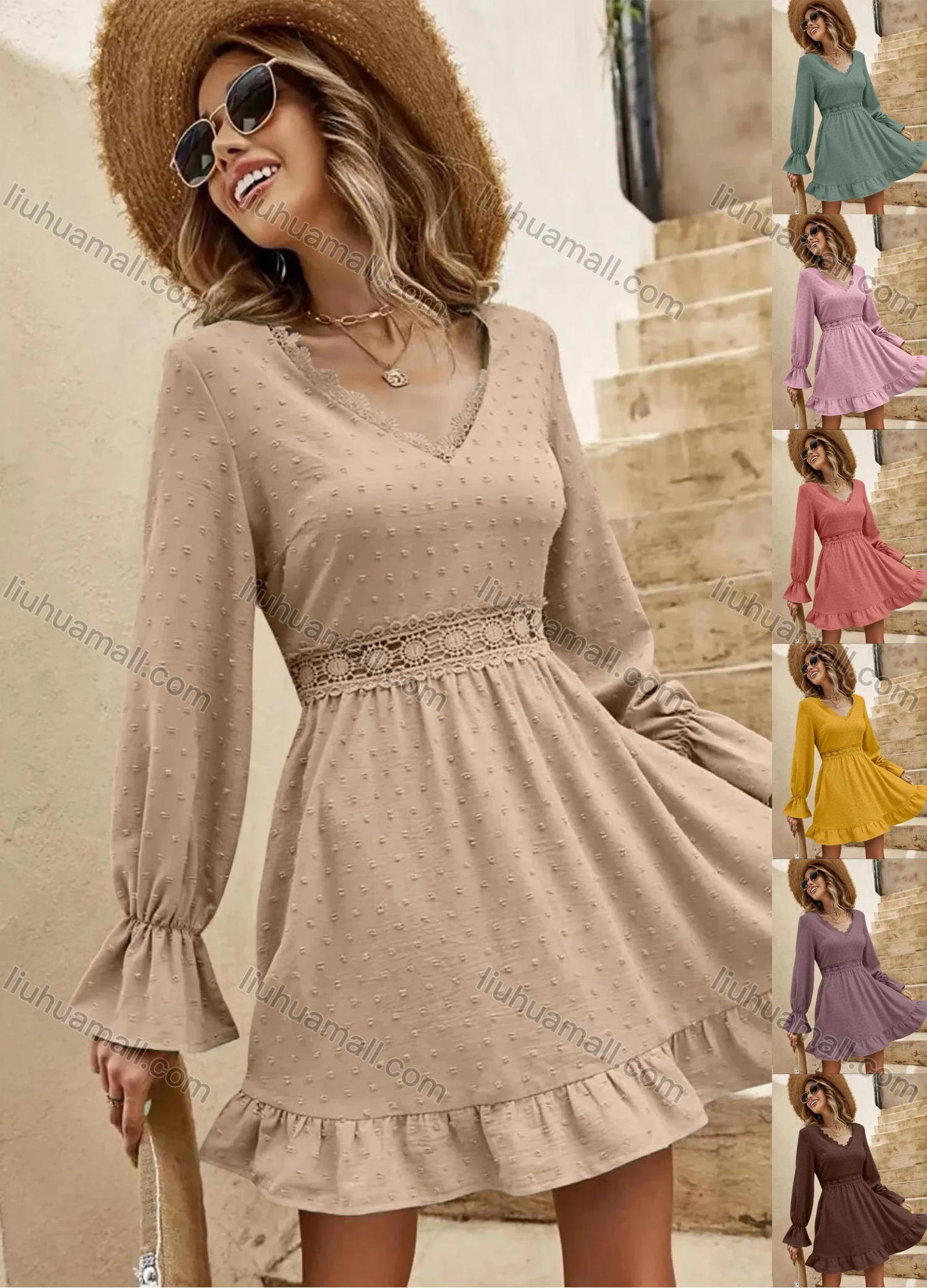 Wholesale Women's Casual Swiss Dot Embroidery V Neck Lace Trim Long Sleeve Short Dress - Liuhuamall