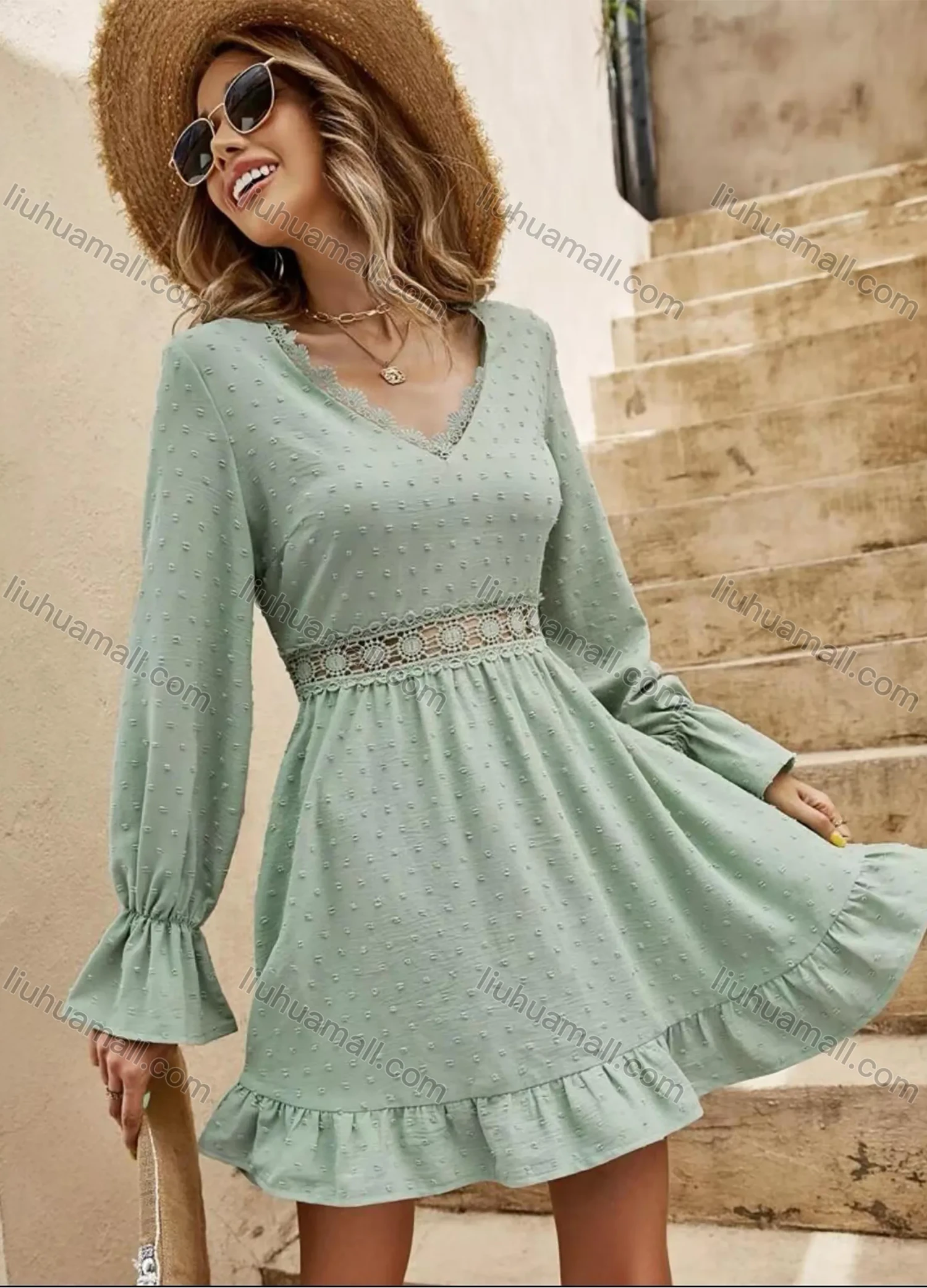 Wholesale Women's Casual Swiss Dot Embroidery V Neck Lace Trim Long Sleeve Short Dress - Liuhuamall