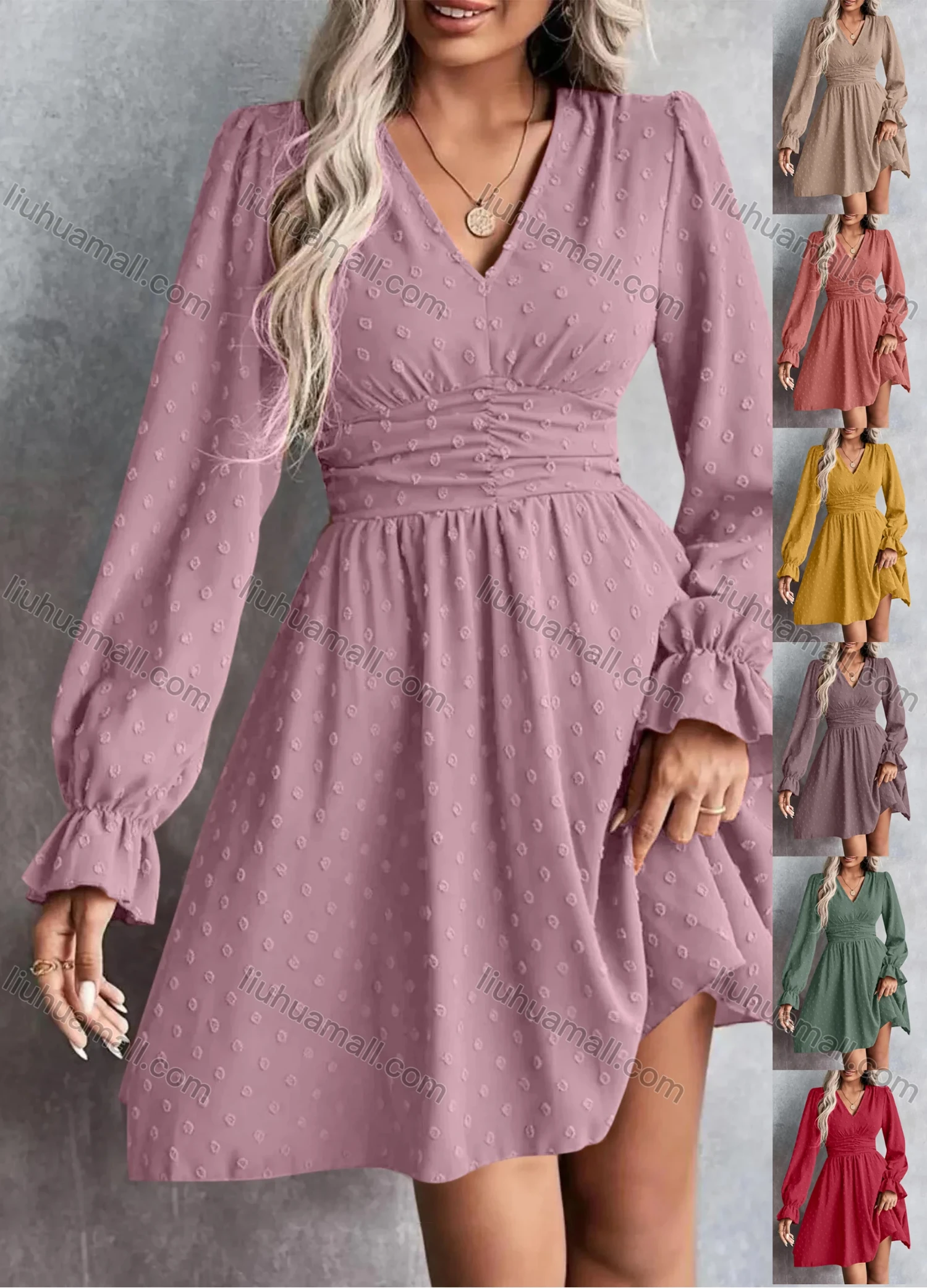 Wholesale Women's Casual Plain Swiss Dot V Neck Ruched Long Sleeve Short Dress - Liuhuamall