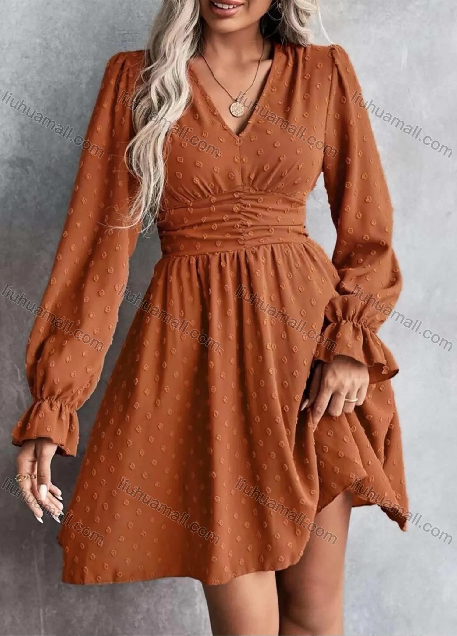 Wholesale Women's Casual Plain Swiss Dot V Neck Ruched Long Sleeve Short Dress - Liuhuamall