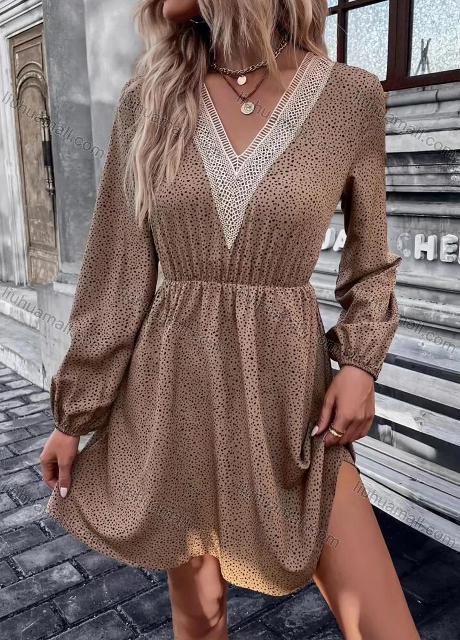 Wholesale Women's Casual Polka Dot V Neck Ruched Lace Trim Long Sleeve Short Dress - Liuhuamall