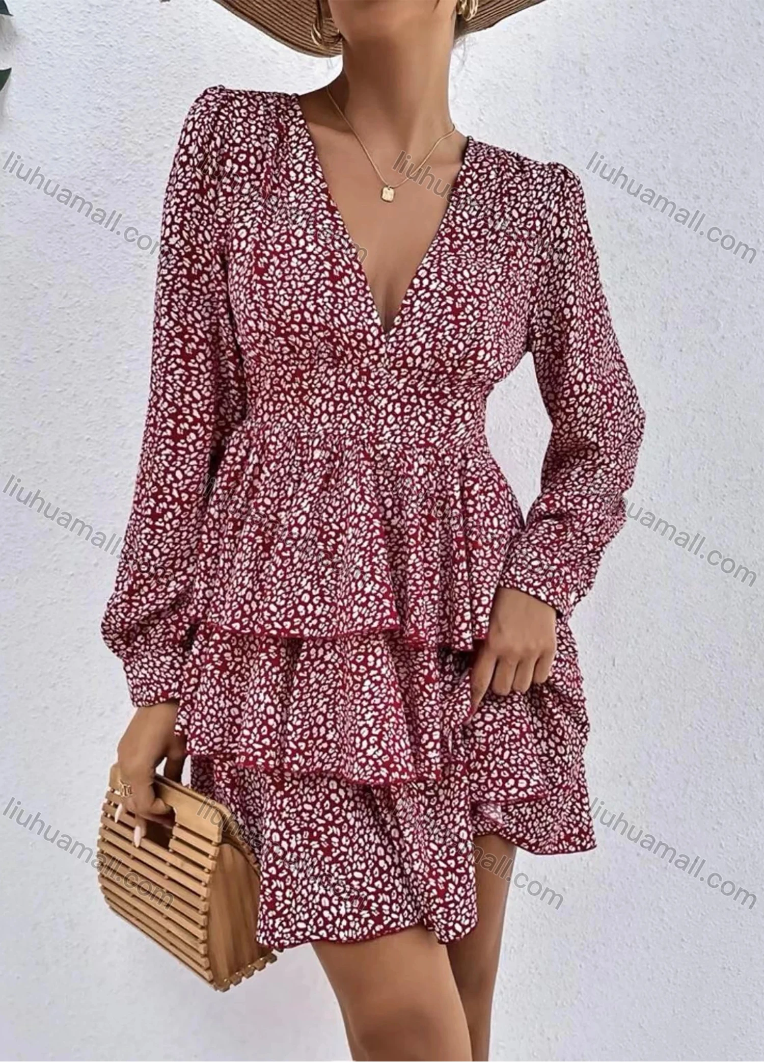 Wholesale Women's Casual Allover Print V Neck Layered Hem Long Sleeve Short Dress - Liuhuamall