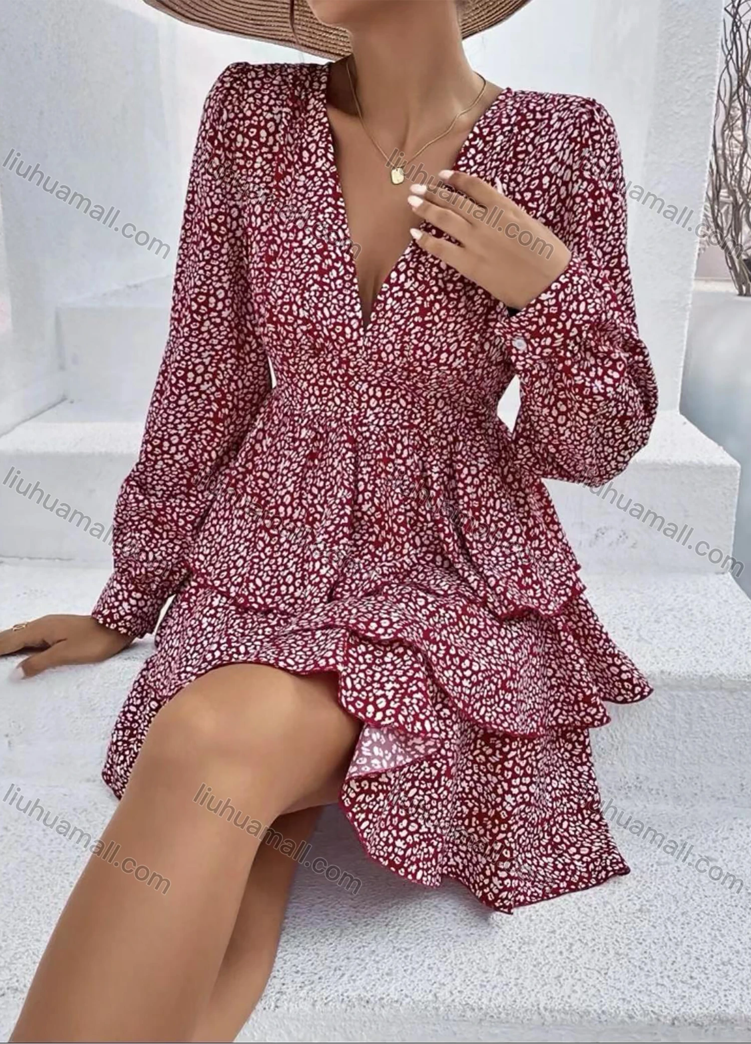 Wholesale Women's Casual Allover Print V Neck Layered Hem Long Sleeve Short Dress - Liuhuamall