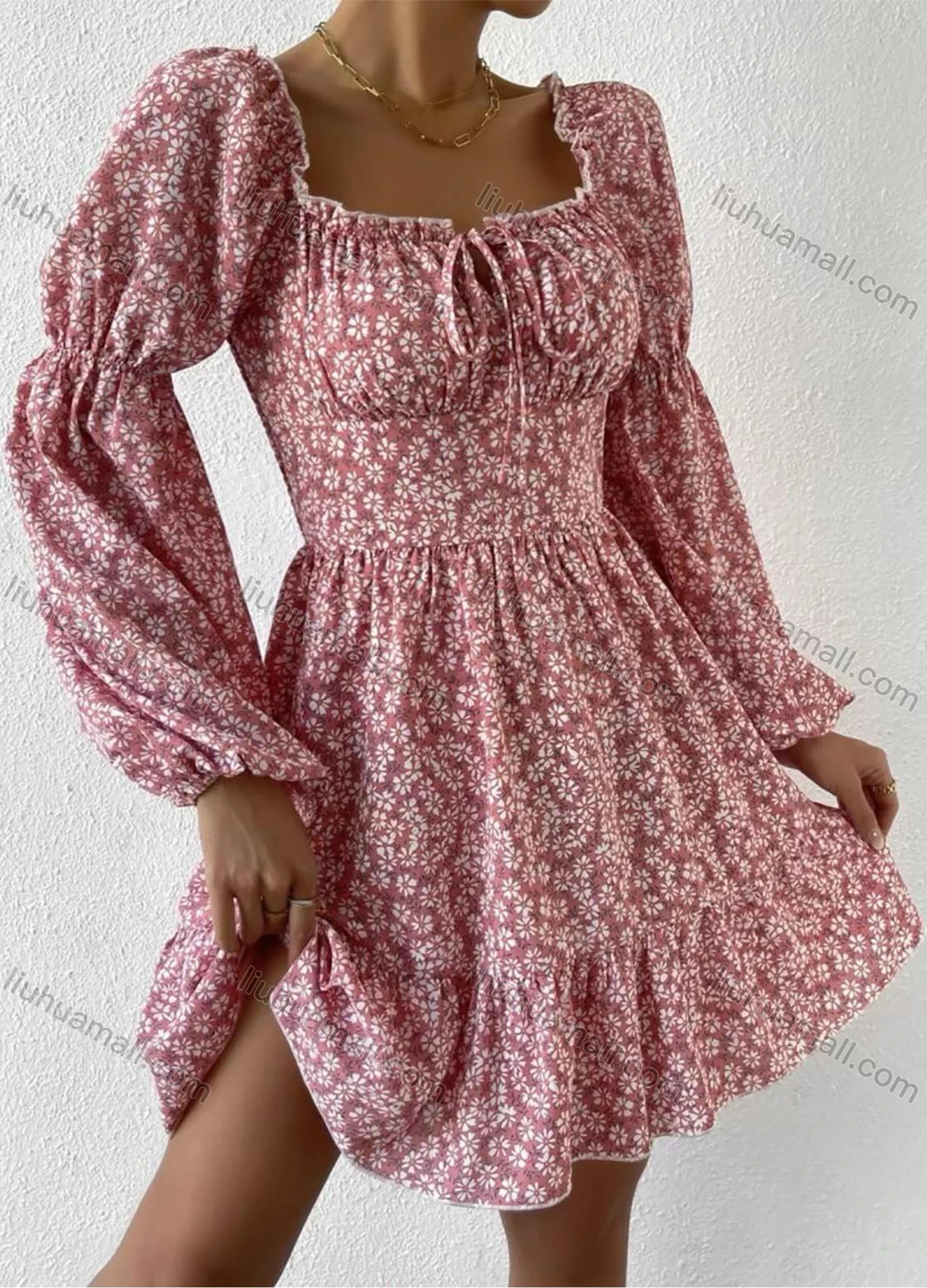 Wholesale Women's Casual Floral Print Square Neck Lace Up Long Sleeve Short Dress - Liuhuamall