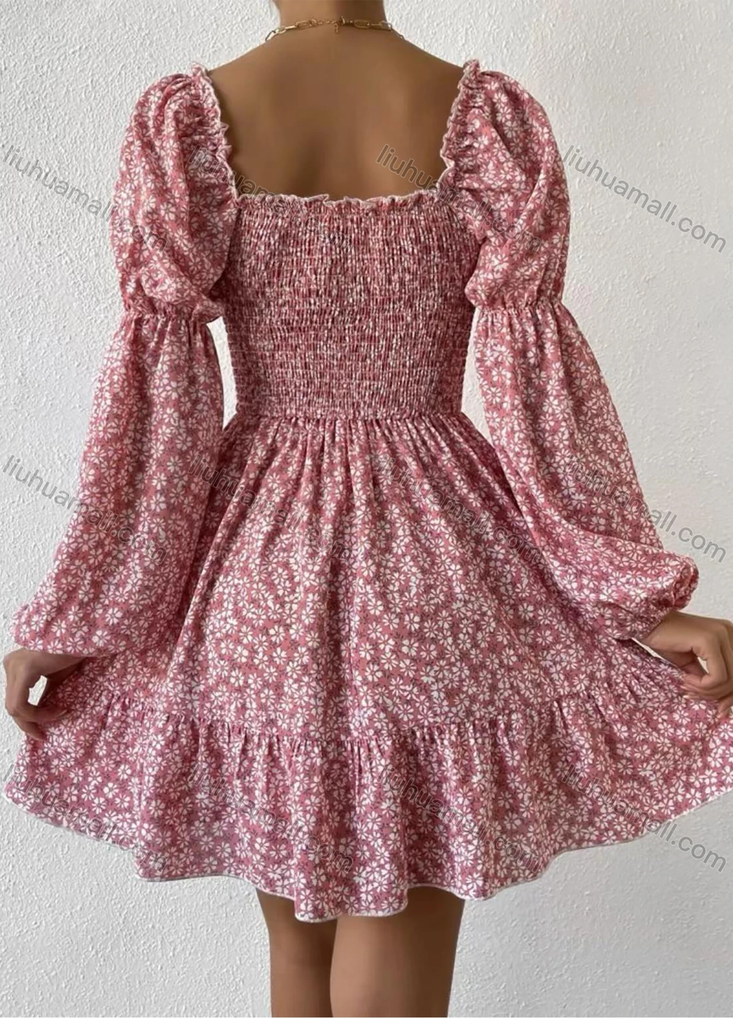 Wholesale Women's Casual Floral Print Square Neck Lace Up Long Sleeve Short Dress - Liuhuamall